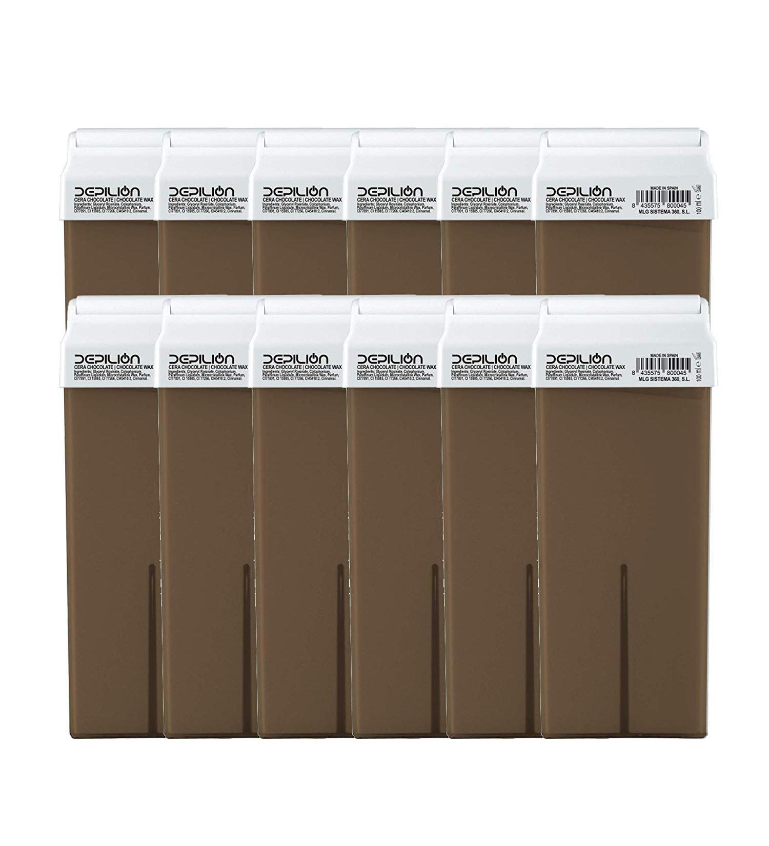12 x Depilatory Wax Roll On Cartridges 100 ml Chocolate | Roll-on Wax for Hair Removal Depilion