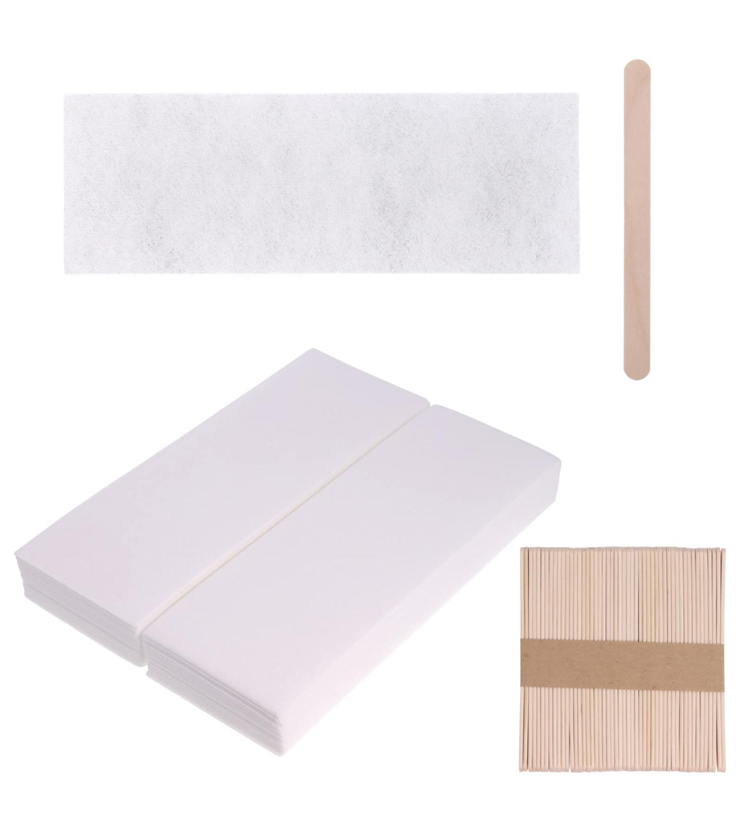 DBOO 150 Pieces Wax Strips and Sticks Kit Non-Woven Wax Strip Hair Removal Wax Strips 100Pcs Facial and Body Non Woven Epilating Wax Strips and 50Pcs Wooden Smooth Wax Applicator Sticks