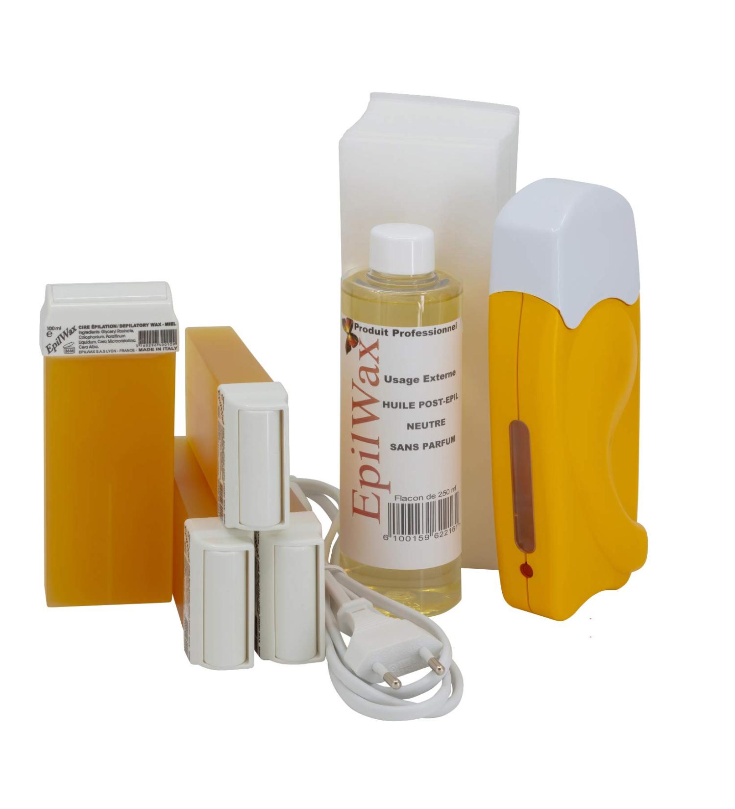 EpilWax Hair Removal Waxing Kit - 4 Honey Wax Cartridges, Roll-On Heater, 100 Strips & Waxing Oil - 105 Piece Set - Buy Online on GoSupps.com