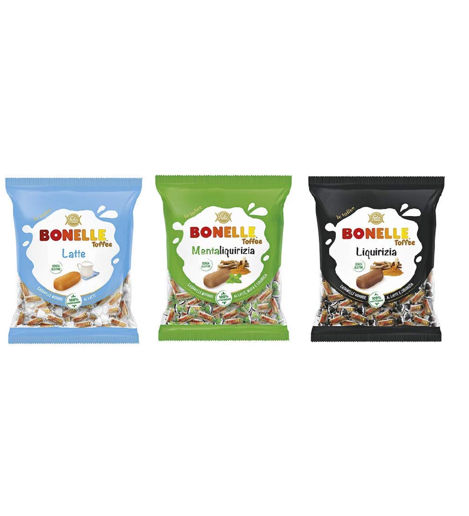 Fida Fida Bonelle Toffee Candy Liquirizia Test Pack - Latte - MentaLiquirizia Gluten Free Vegetarian Sweets Lacritz - Milk - Mint and Lakritz (3 x 150g)