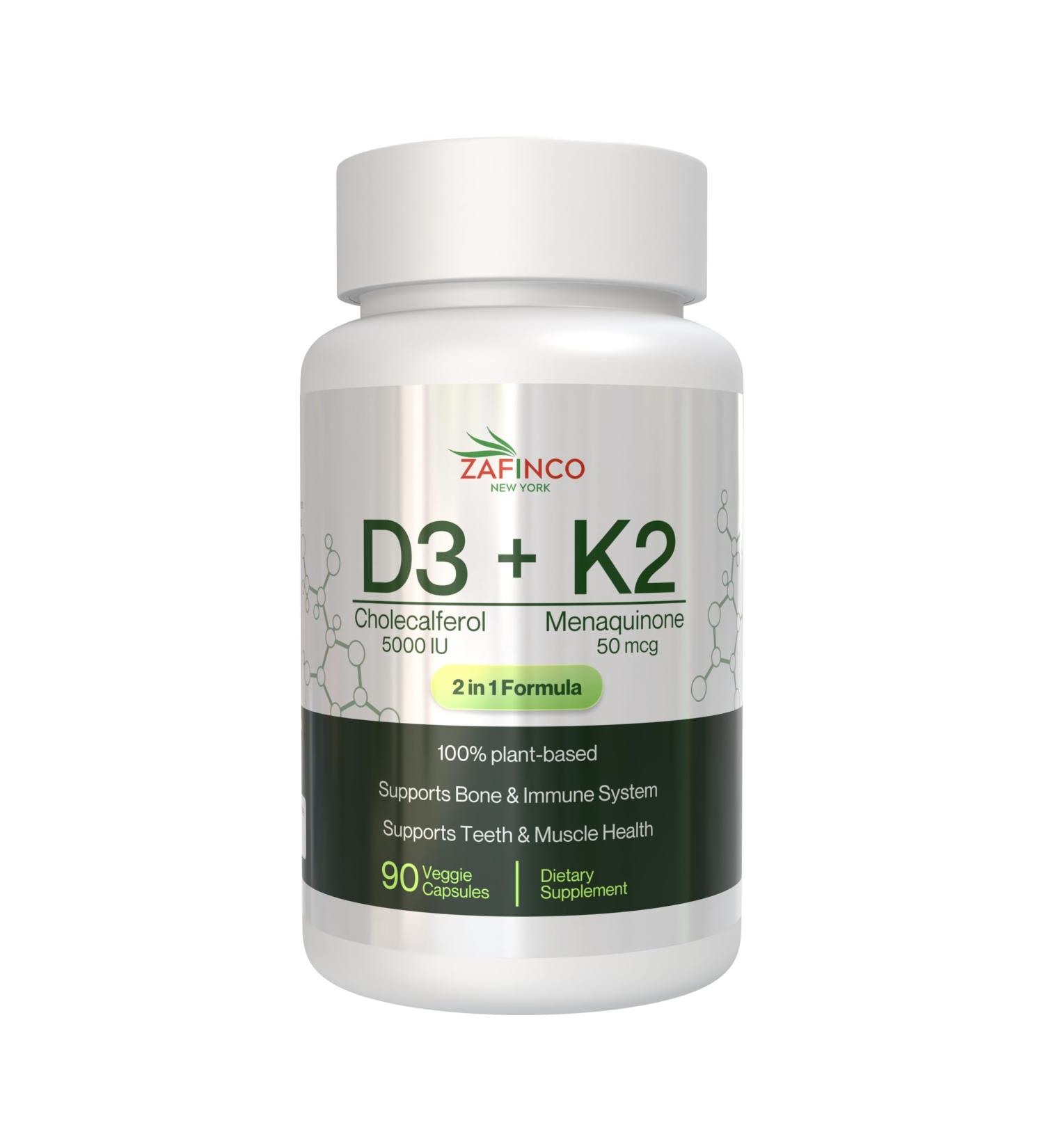 ZAFiNCO Vitamin D3-K2 5000 IU Capsules - Non-GMO Vitamin D3 & K2 Dietary Supplement with Superior Absorption - Supports Natural Energy Immune Bone & Muscle Health 120 Capsules-90 Day Supply