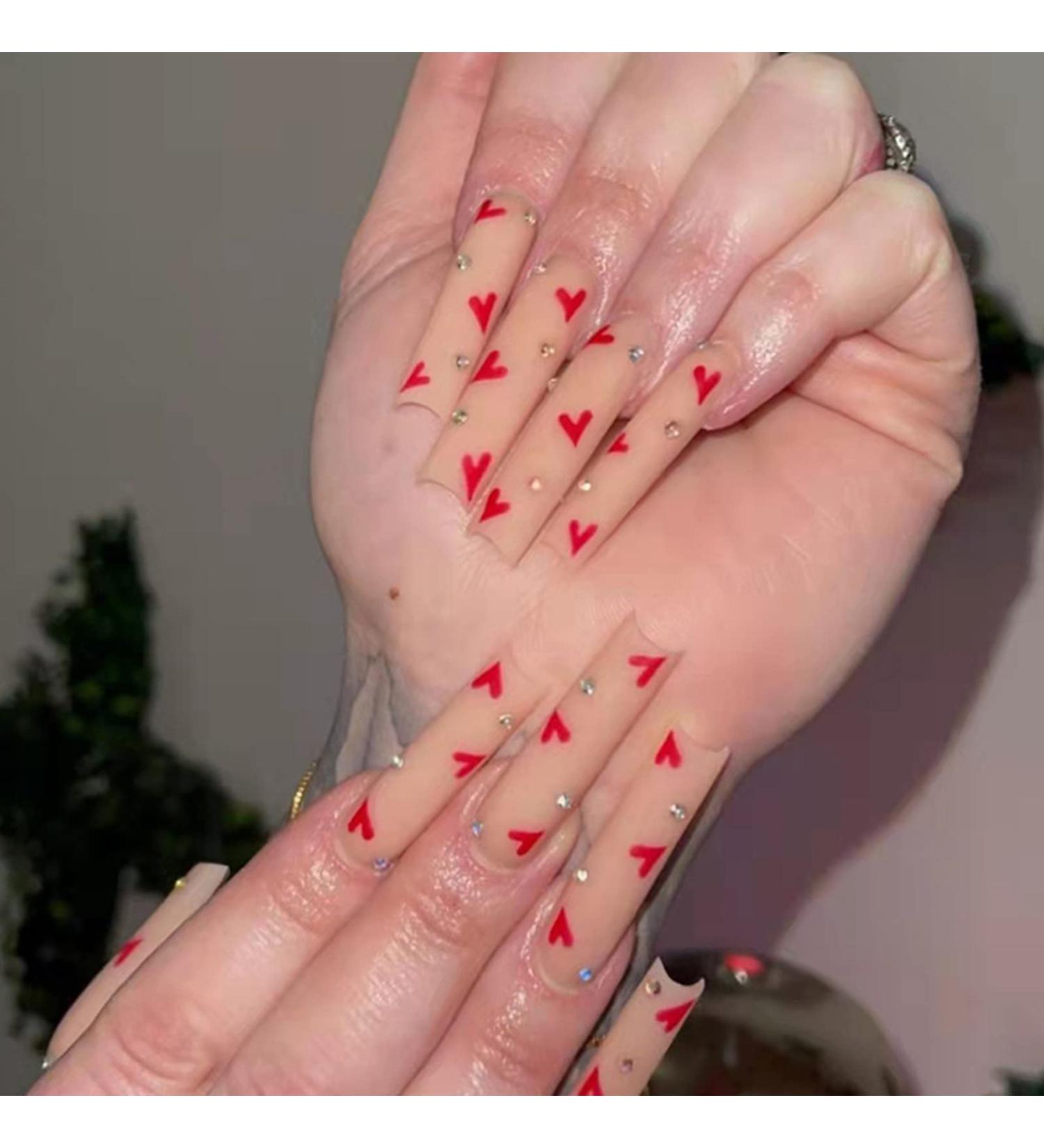 JustoTry 24 Pcs Long Red Heart Diamond Press on Nails - Ballerina Stick on Acrylic False Nails for Women - Nail Art Decoration - Buy Online on GoSupps.com