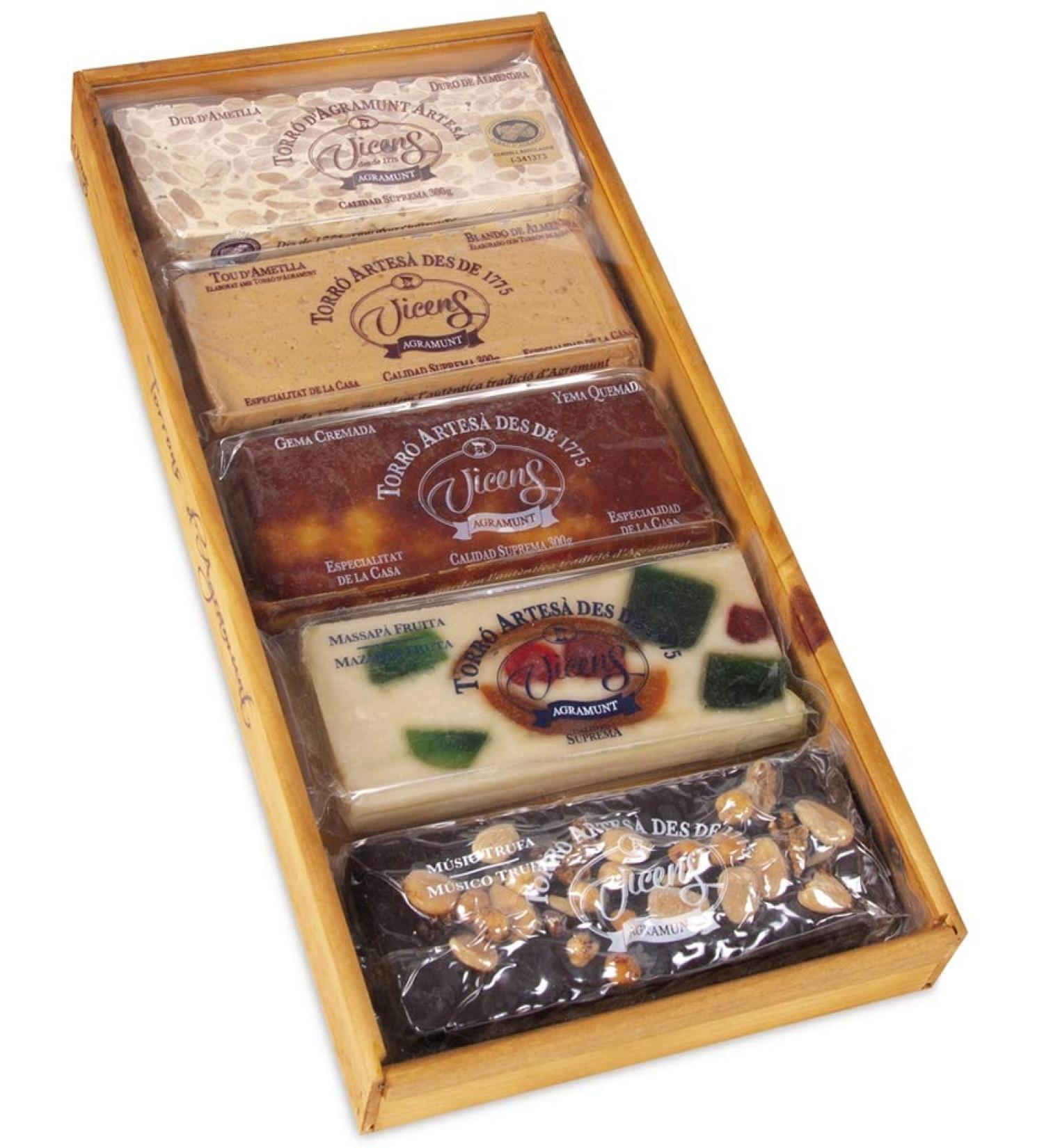 VICENS AGRAMUNT Wooden box with methacrylate lid with 5 bars of artisan nougat 300g