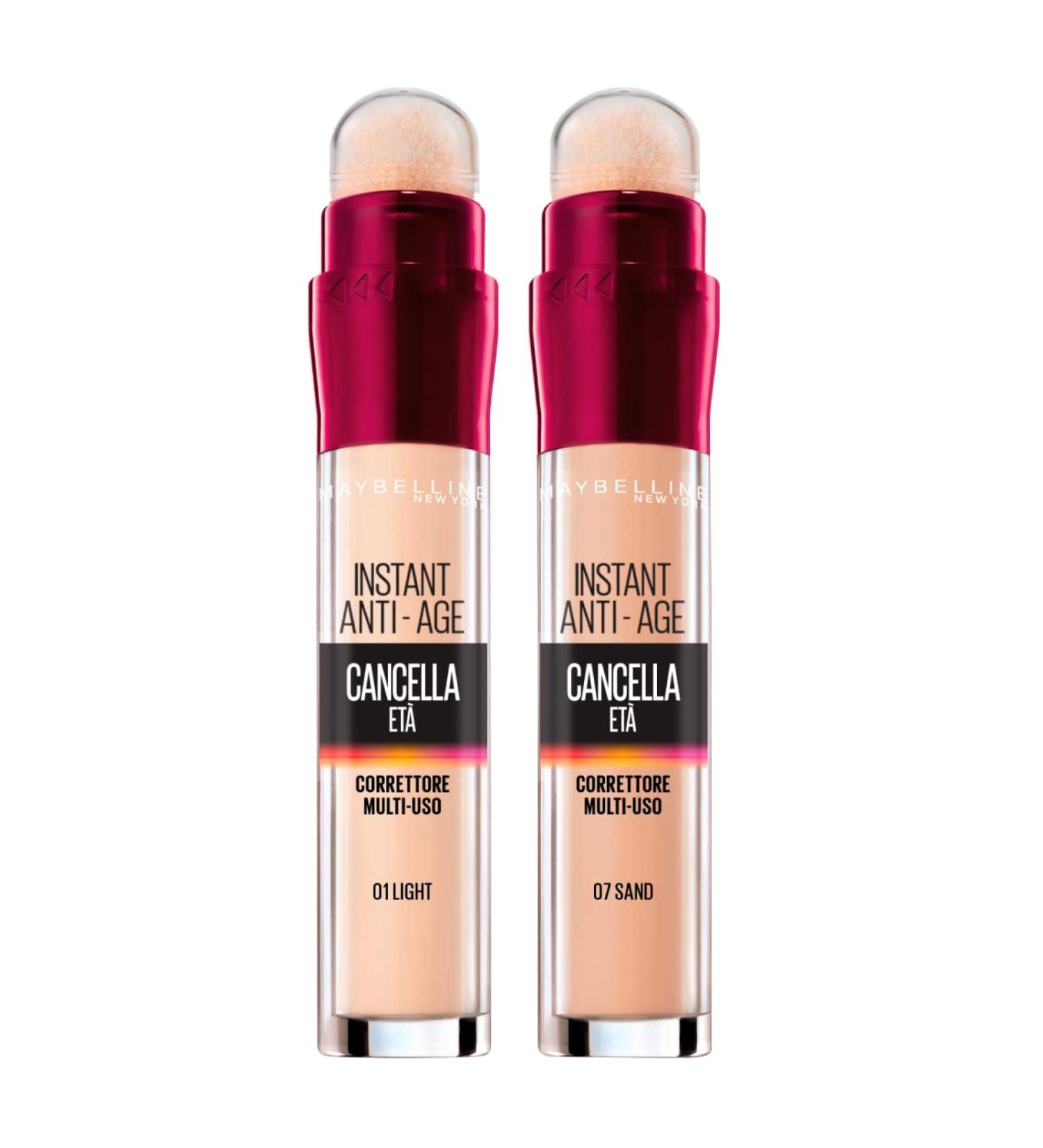 Maybelline New York Sponge Applicator & Erase Age Corrector Concealer 2-Pack | Instant Anti-Age Dark Circles 07 Sand + 01 Light - Buy Online on GoSupps.com