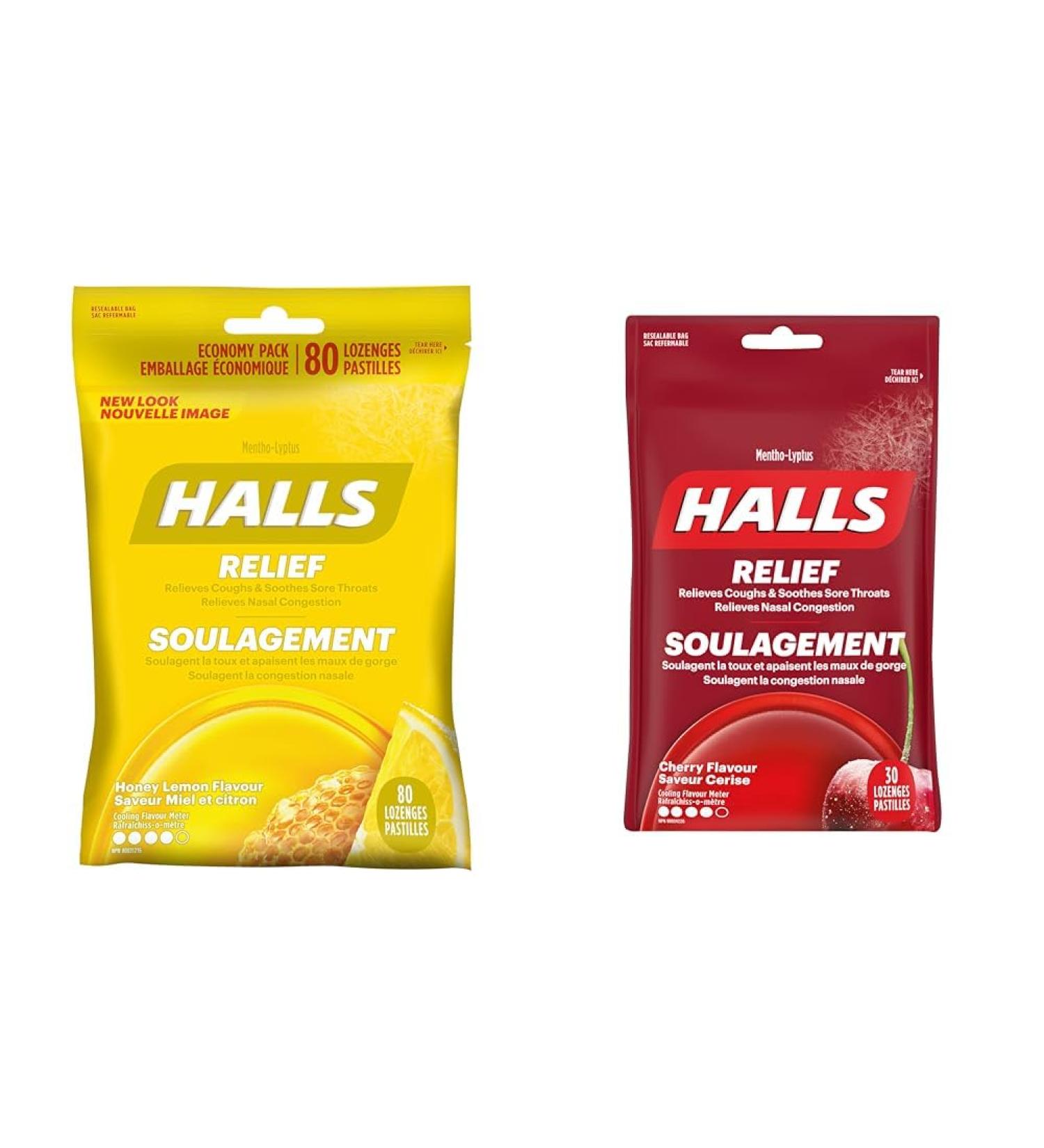 HALLS Triple Soothing Action Cough Drops Honey Lemon 1 Resealable Bag (80 Drops Total) & Mentho-Lyptus Cherry Bag 30 Lozenges Honey Lemon Drops+Cherry Bag - Buy Online on GoSupps.com