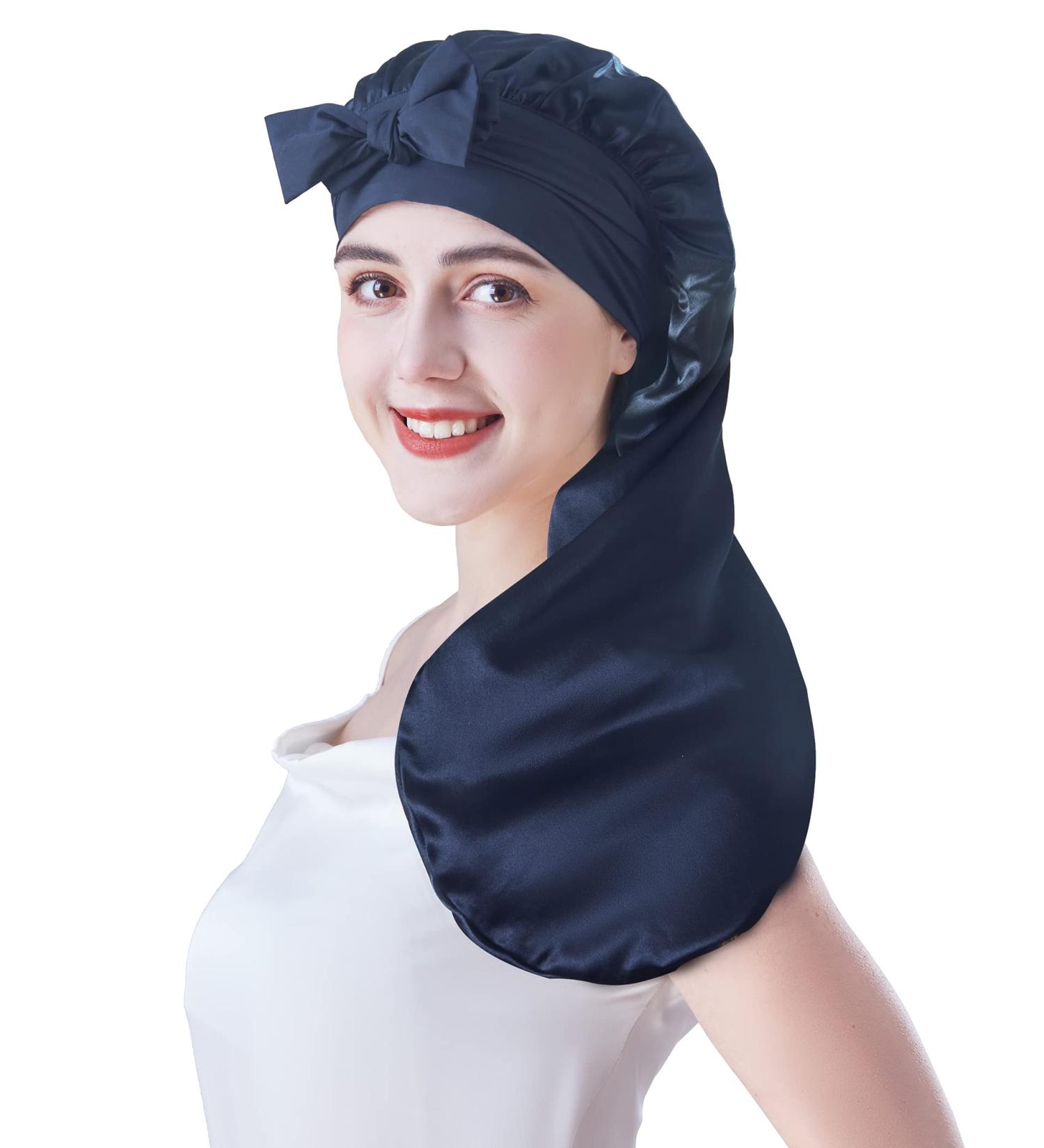 Cocheng Mulberry Silk Bonnet for Curly Hair | Navy Blue Silk Bonnet for Women - Buy Online on GoSupps.com