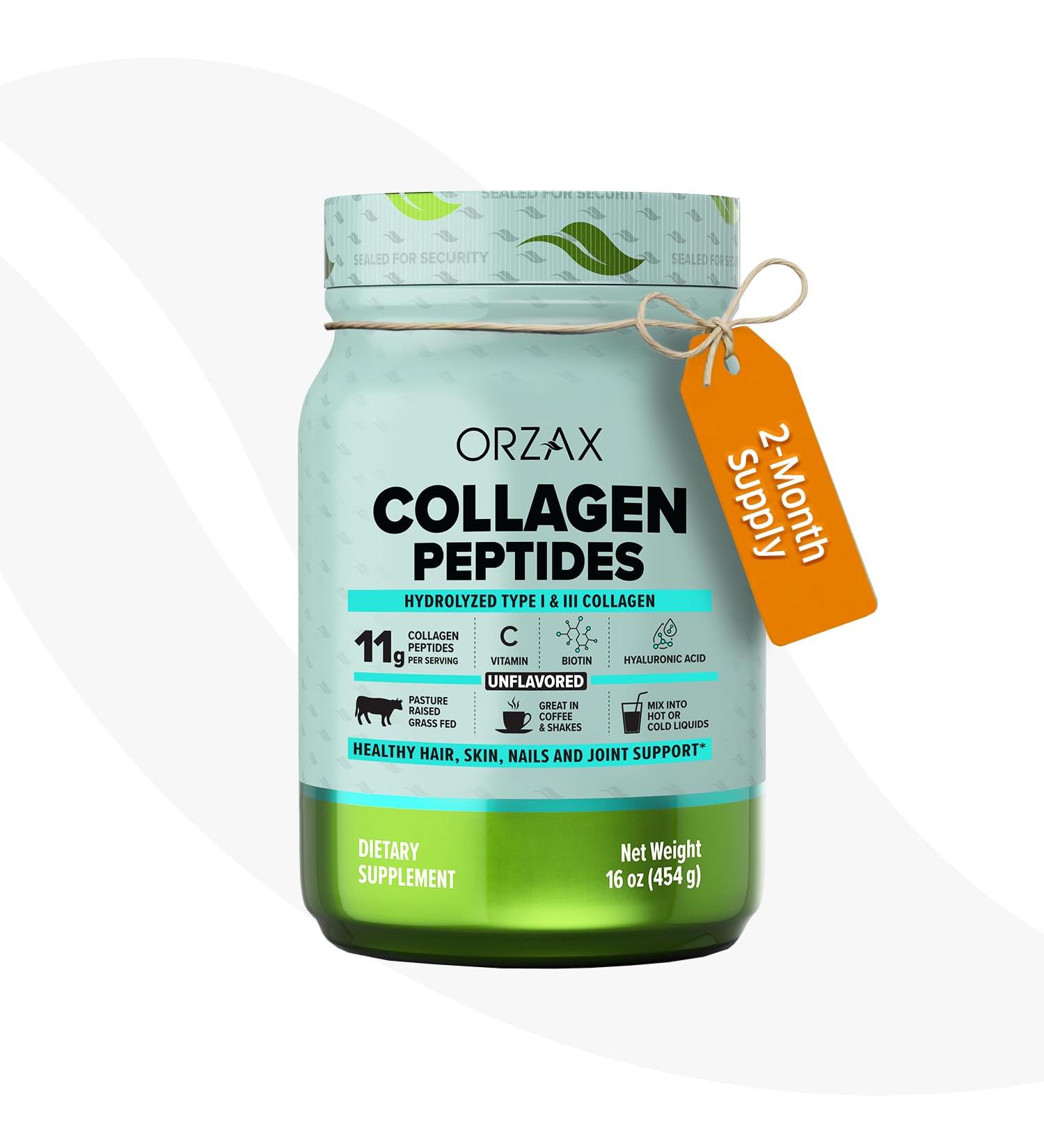 ORZAX Collagen Peptides Powder - 11 g Collagen Type I & III Biotin & Hyaluronic Acid 16 oz (Unflavored) 1 Pound (Pack of 1) - Buy Online on GoSupps.com