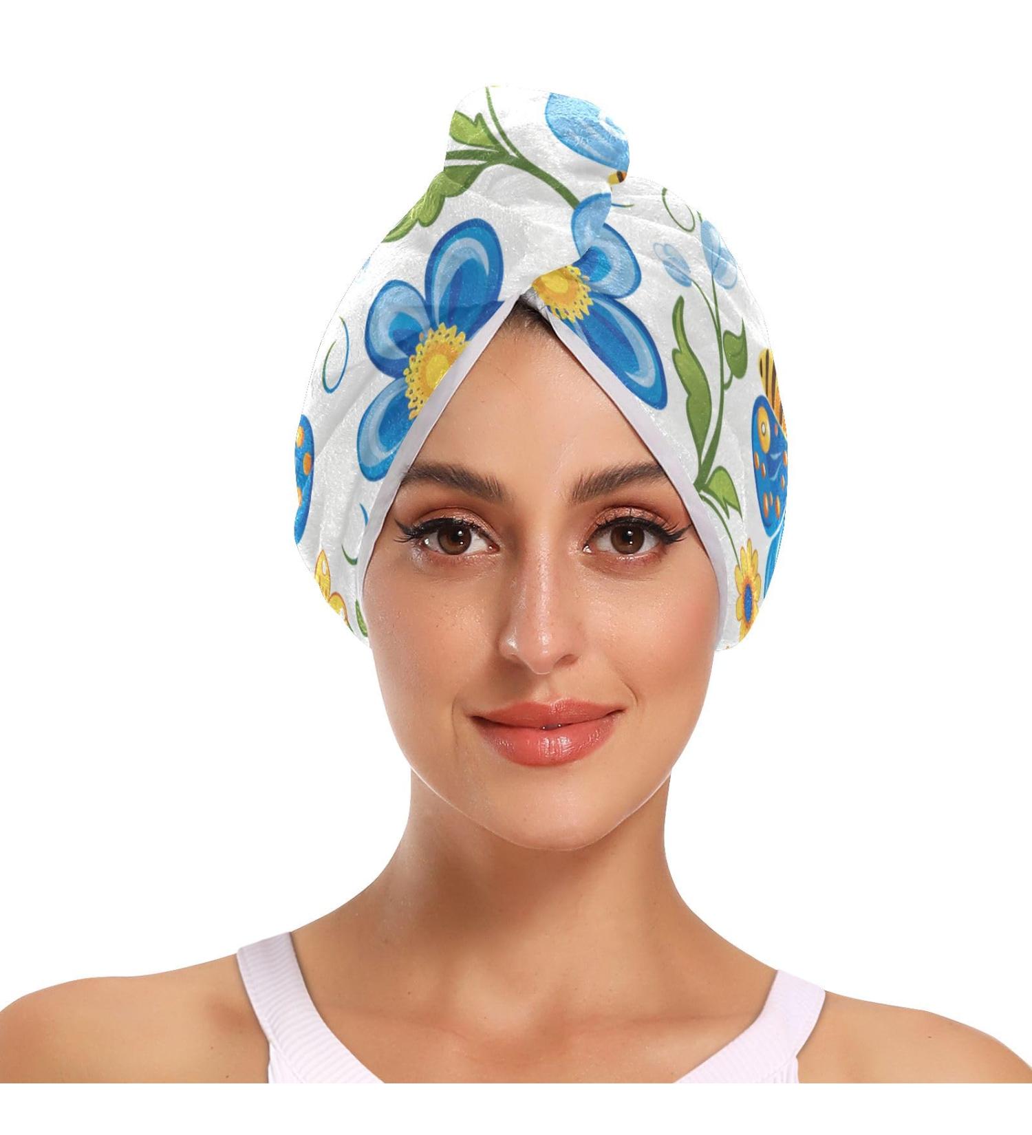 Cartoon Blue Butterfly Flowers Hair Towel 2 Pack | Super Absorbent Quick Dry Hair Turbans for Women & Girls - Buy Online on GoSupps.com