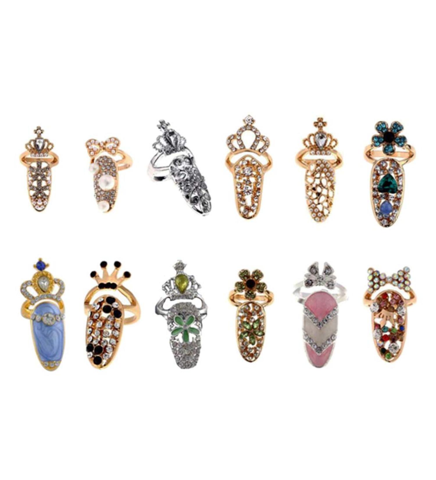 Minkissy 12pcs Crystal Finger Nail Rings - Alloy Crown Flower Bow Rhinestone Decor for Girls and Women - Buy Online on GoSupps.com