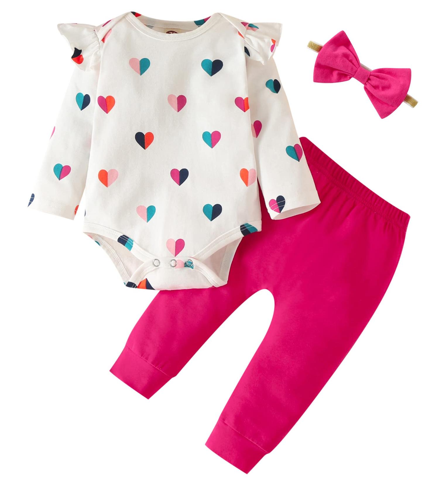 Koonde Baby Girl 3-Piece Outfit Set - Romper, Trouser & Headband | Newborn to 24 Months | Cream Heart + Magenta | Size 12-18 Months - Buy Online on GoSupps.com