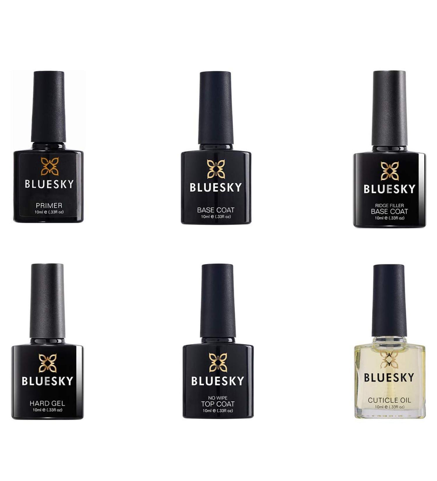 BLUESKY Gel Polish Perfect Nails Set Primer Base Coat Ridge Filler Hard Gel No Wipe Top Coat Cuticle Oil (Requires Curing Under Uv/Led Lamp) 10 ml - Buy Online on GoSupps.com