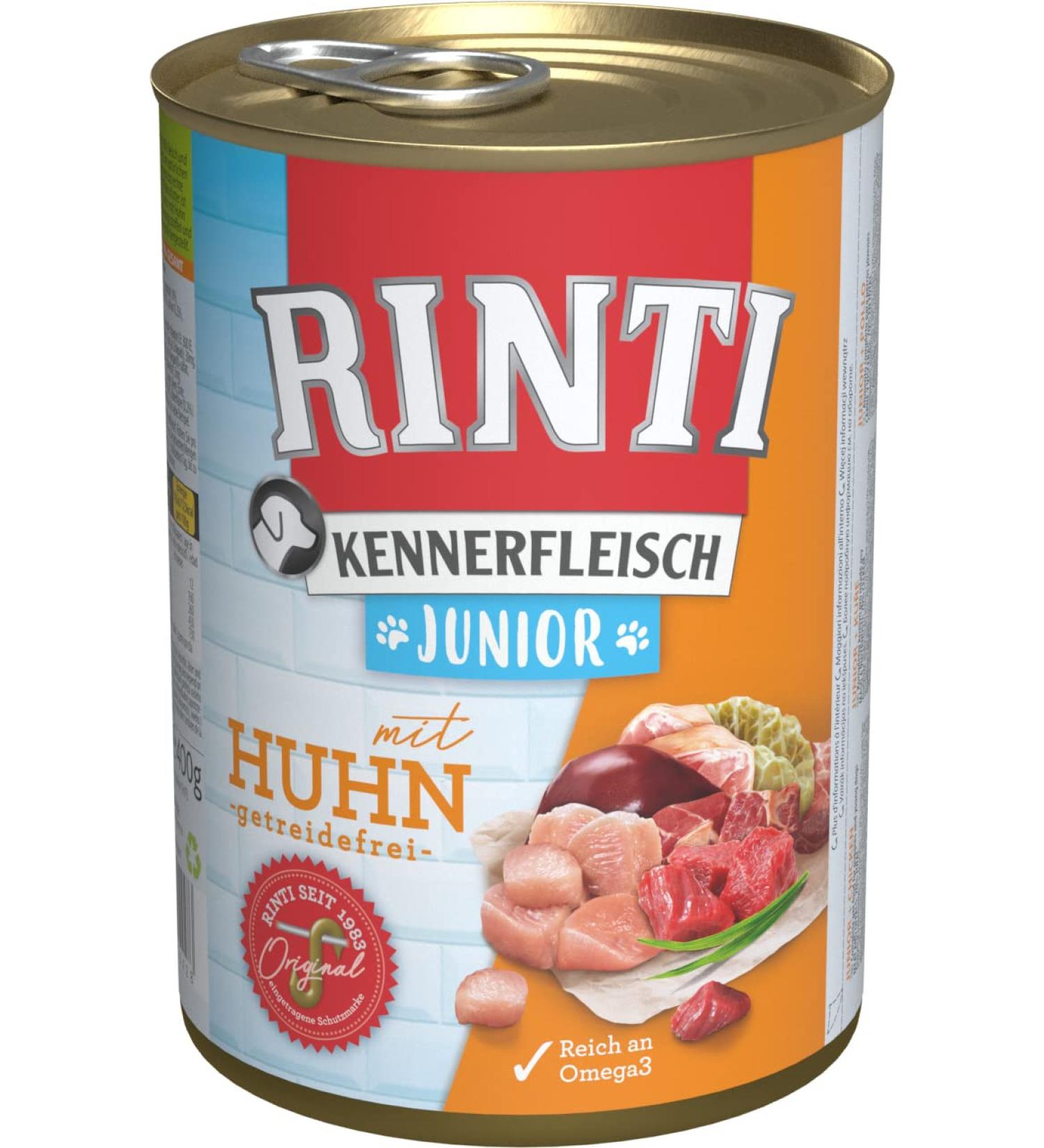 RINTI Kennerfleisch Junior Can - Chicken 12 x 400g + 33.33g | Premium Dog Food for Puppies International Shipping Available - Buy Online on GoSupps.com