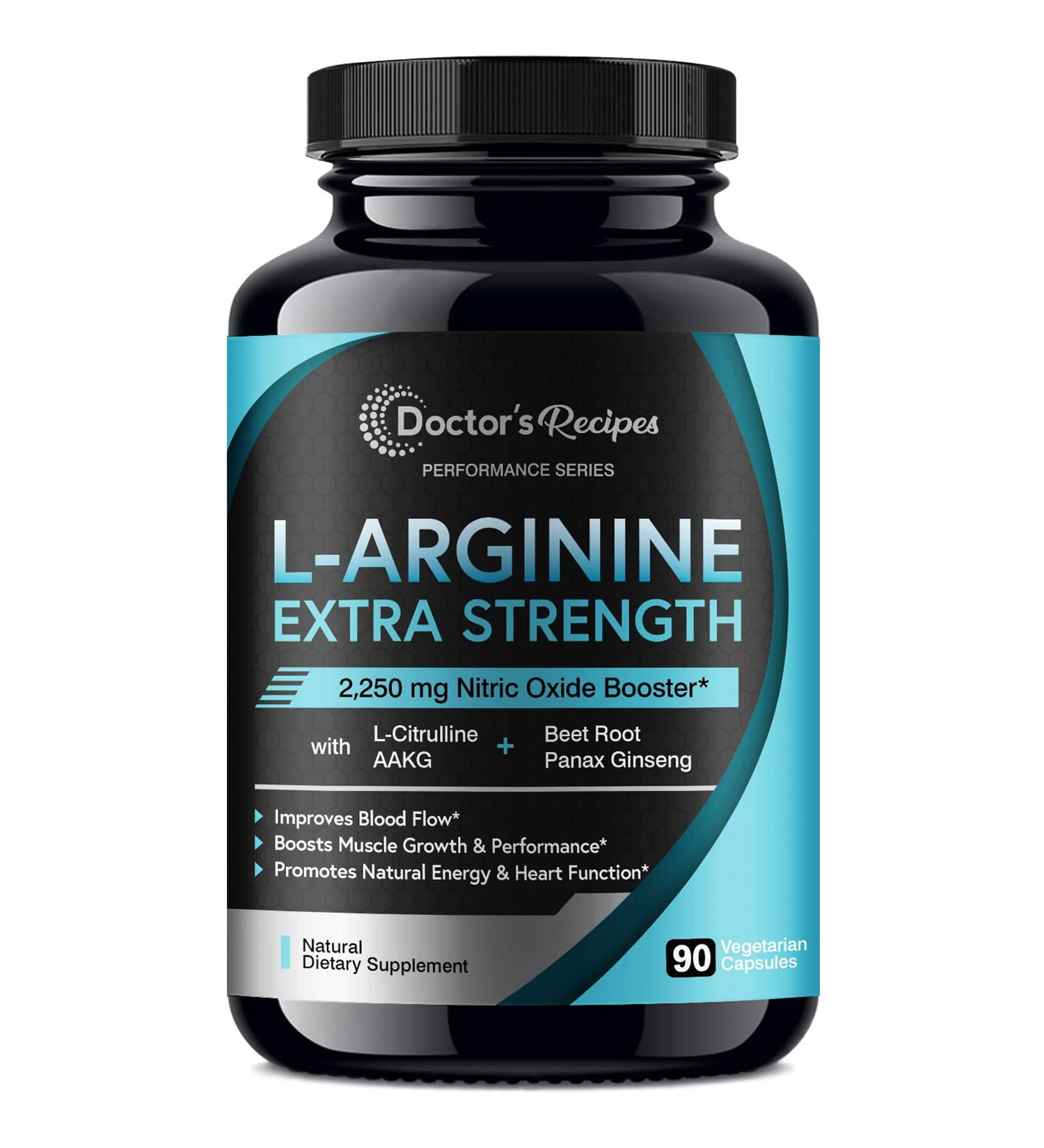 Doctor s Recipes L-Arginine AAKG Capsules for Men & Women - 2250mg High Dose Nitric Oxide Booster with L-Citrulline, Beet Root, Panax Ginseng for Muscle Vascularity, Performance & Heart Health - Non-GMO - Buy Online on GoSupps.com