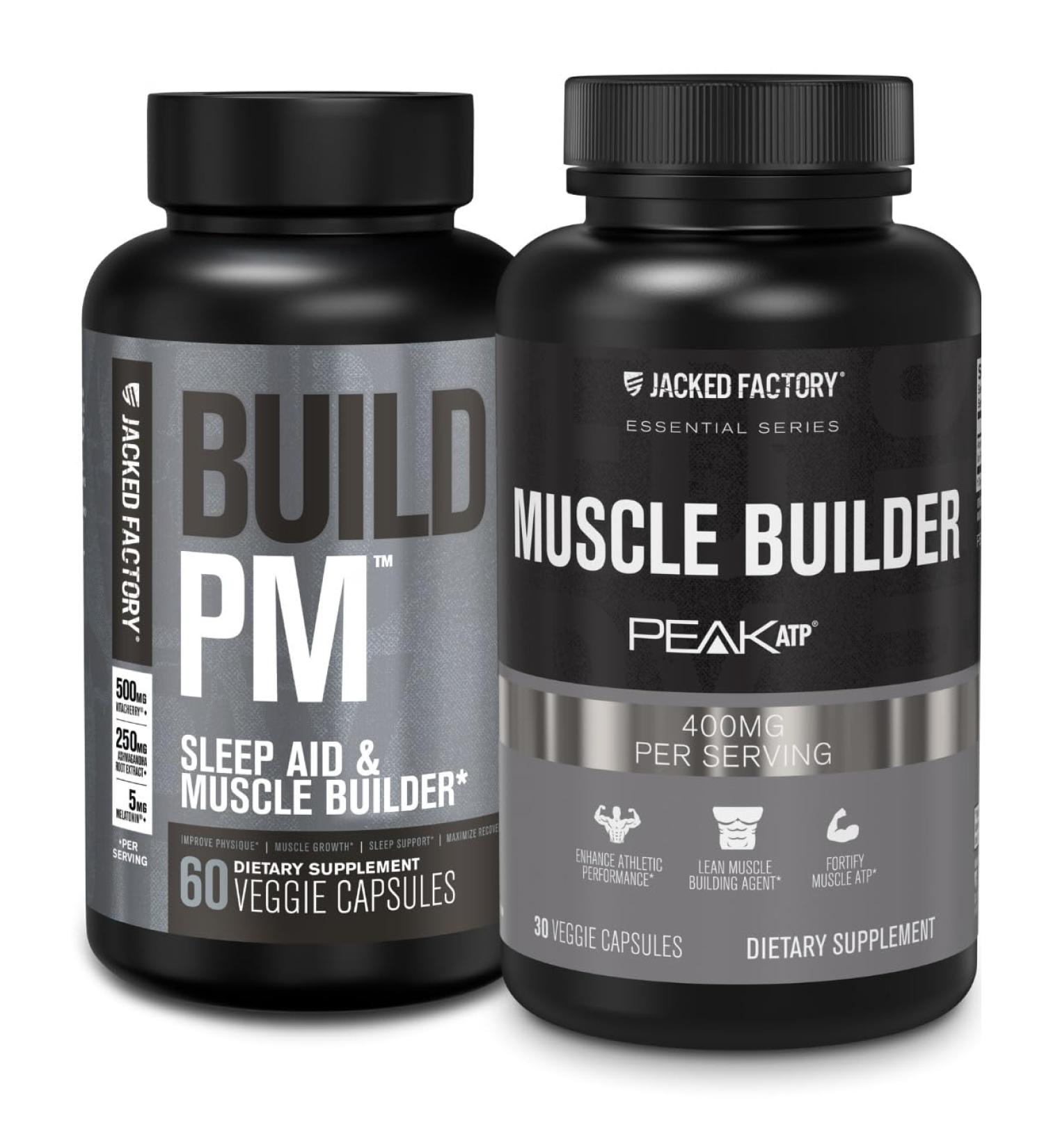 Jacked Factory Build PM Night Time Muscle Builder & Sleep Aid (60 Capsules) & Essentials Muscle Builder - Daily Strength Builder for Men with Peak ATP (30 Capsules) - Buy Online on GoSupps.com