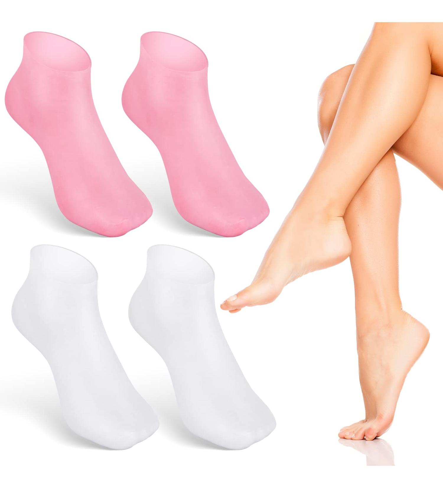 Noverlife 2 Pairs Silicone Moisturizing Aloe Socks for Dry Cracked Feet - Women's Softening Spa Gel Socks - Pink & White - Buy Online on GoSupps.com