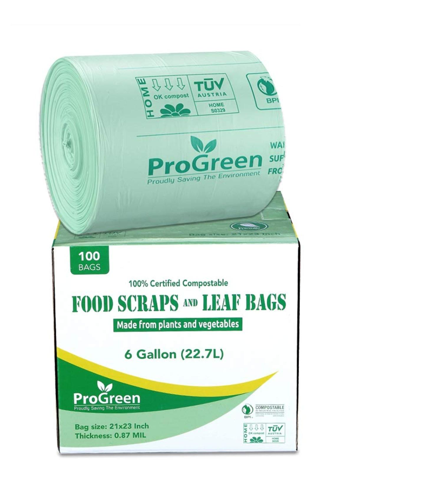 ProGreen 6 Gallon Compostable Bags - 100 Count | Extra Thick 0.87 Mil | Small Kitchen, Food Scraps, Yard Waste | ASTM D6400, BPI, VINCOTTE Certified - Buy Online on GoSupps.com