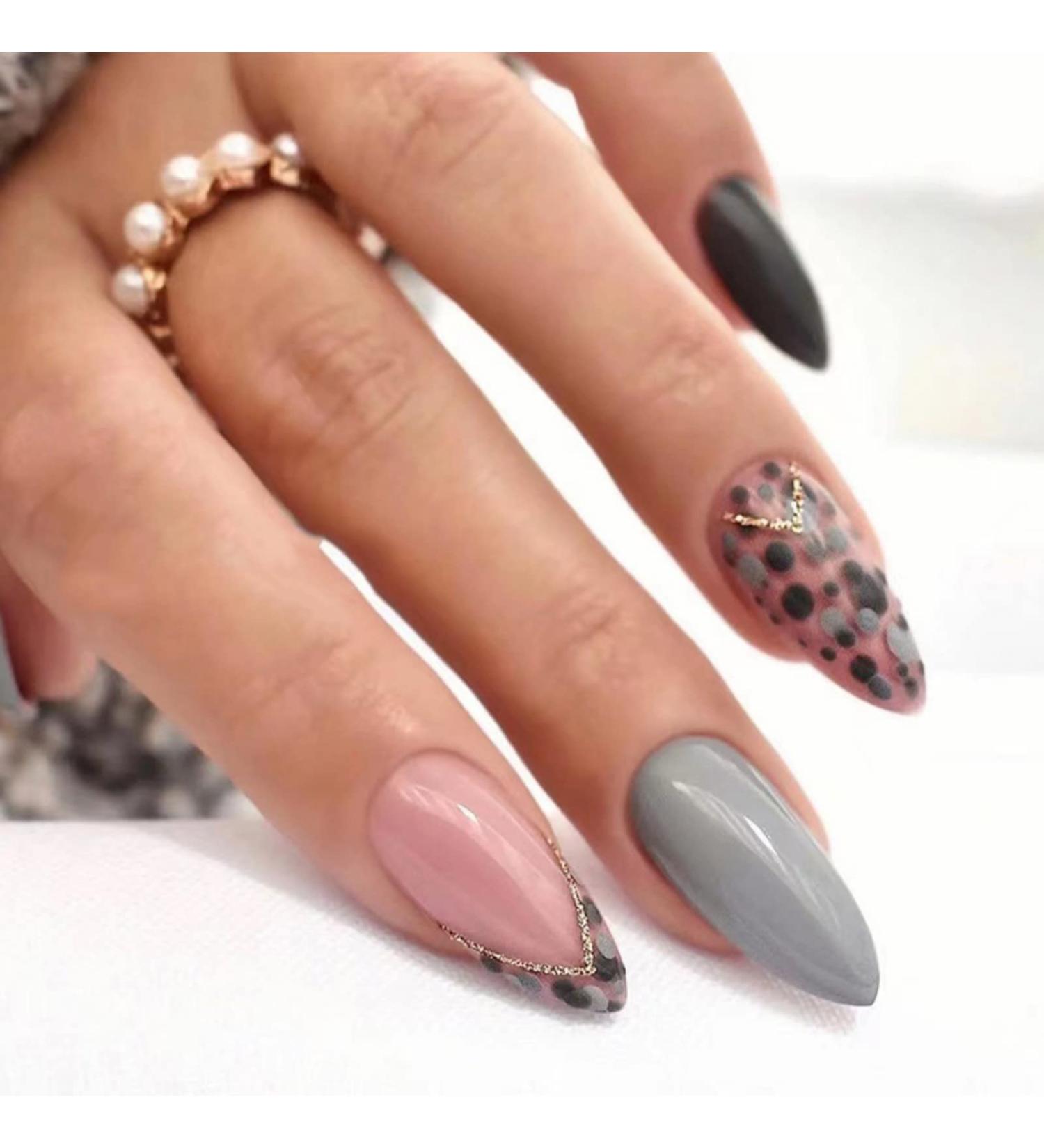 24 Pcs Animal Print Stiletto False Nails - Short Grey French Glitter Almond Nails with Nail Glue - Women's Nail Art Kit - Buy Online on GoSupps.com