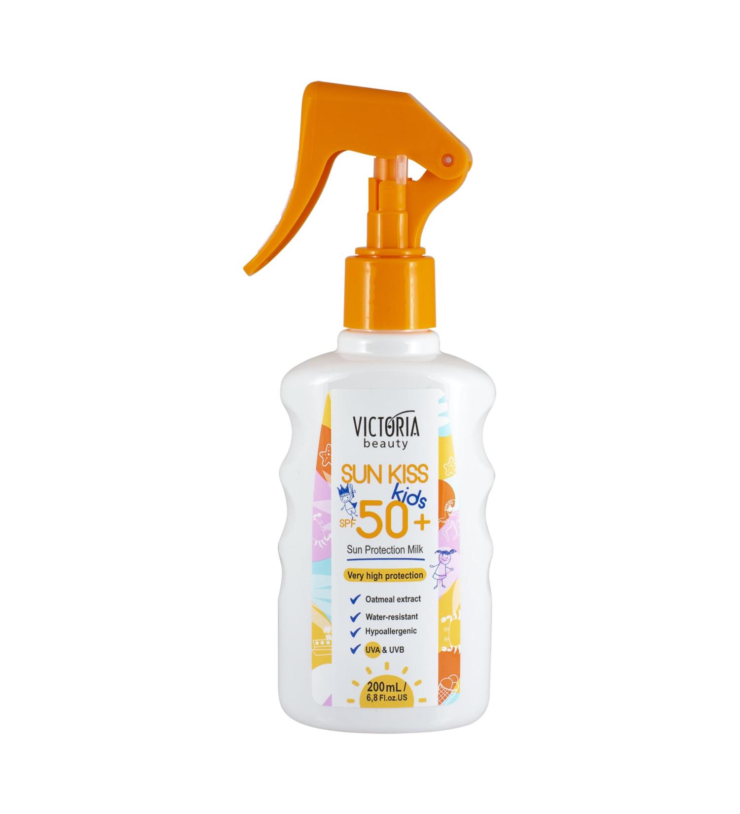 Victoria Beauty Sun Kiss SPF 50+ Kids Sunscreen Spray 200ml - Water-Resistant Dermatologically-Tested Sun Cream for Sensitive Skin - Broad-Spectrum UVA & UVB Protection - Buy Online on GoSupps.com