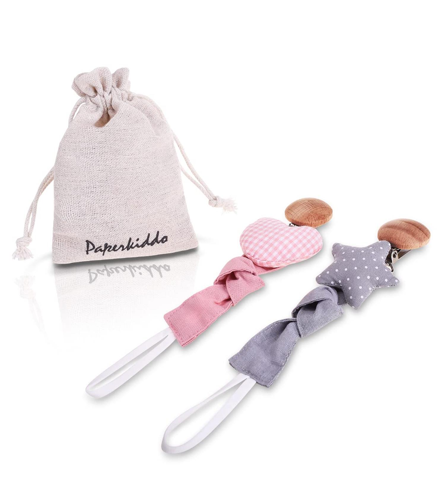 Paperkiddo 2pcs Unisex Pacifier Chain & Band | Nickel-Free Clips | 22cm Bauhmwoll-Musselin | Perfect for Bib & Triangular Sucker | Love + Stars Design - Buy Online on GoSupps.com