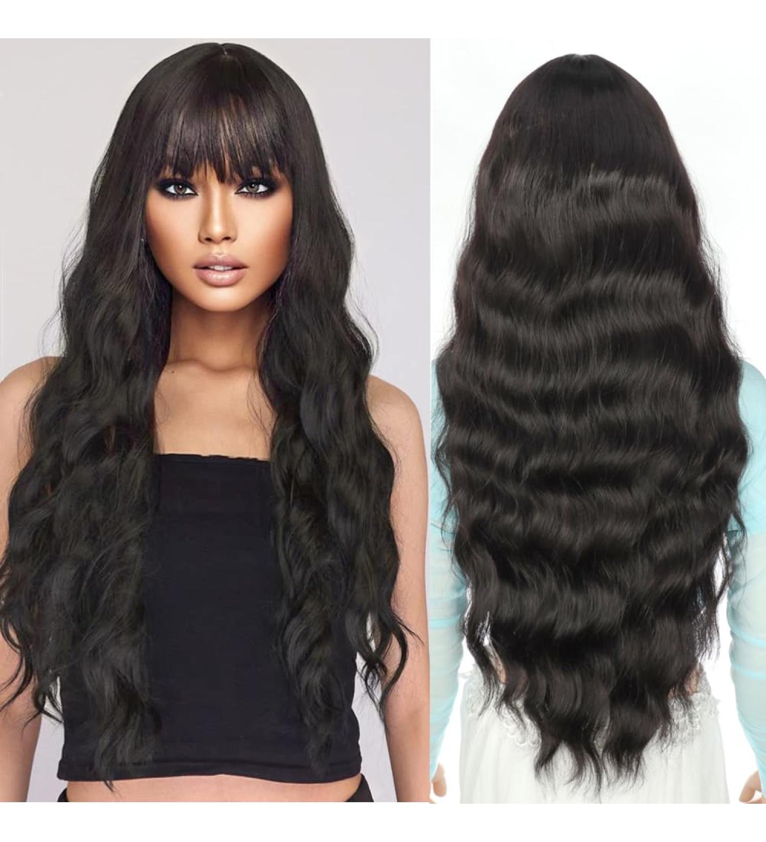 YEESHEDO Long Black Wigs with Fringe - Natural Looking 28 Inches Curly Wavy Synthetic Hair for Women - Ideal for Daily Wear and Halloween Cosplay - Buy Online on GoSupps.com