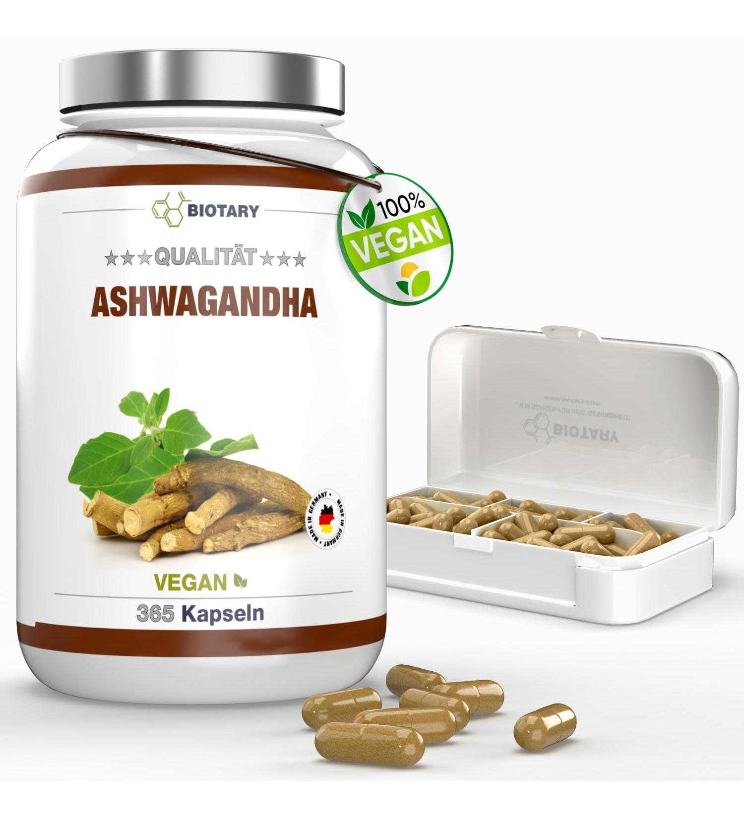 Ashwagandha 365 Capsules | Daily Serving 3000mg | Pill Box Included | Indian Sleeping Berry | High Dosed | Vegan | Pure Vegetable No Additives - Buy Online on GoSupps.com