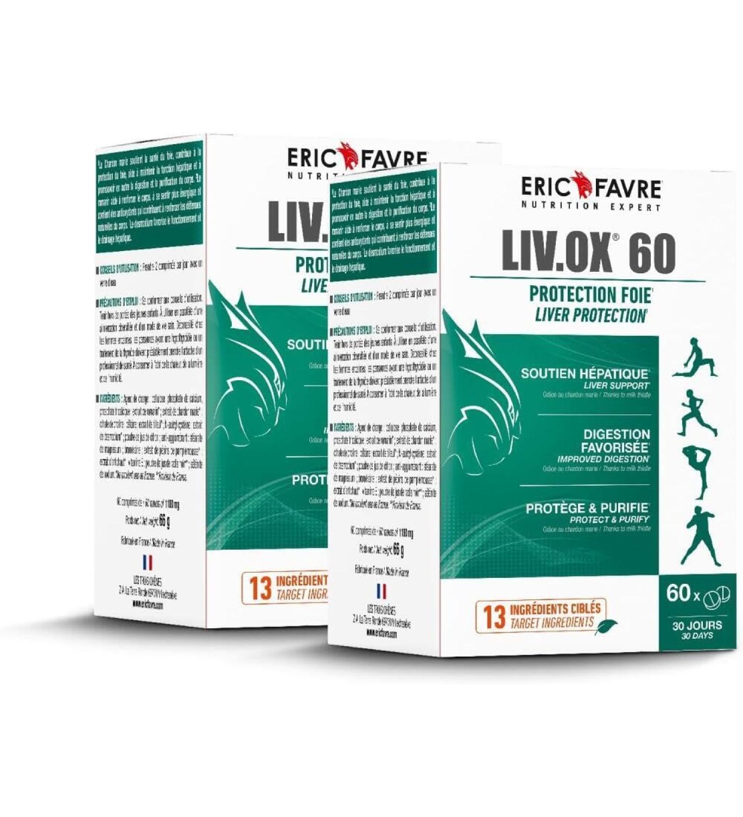 DETOX FOIE LIV.OX 60 - D toxifiant Foie Soutien H patique Stimule la Production de Bile - Chardon Marie Foie Detox Millepertuis - Lot de 2 - Programme 60J Efficace - Eric Favre - Buy Online on GoSupps.com