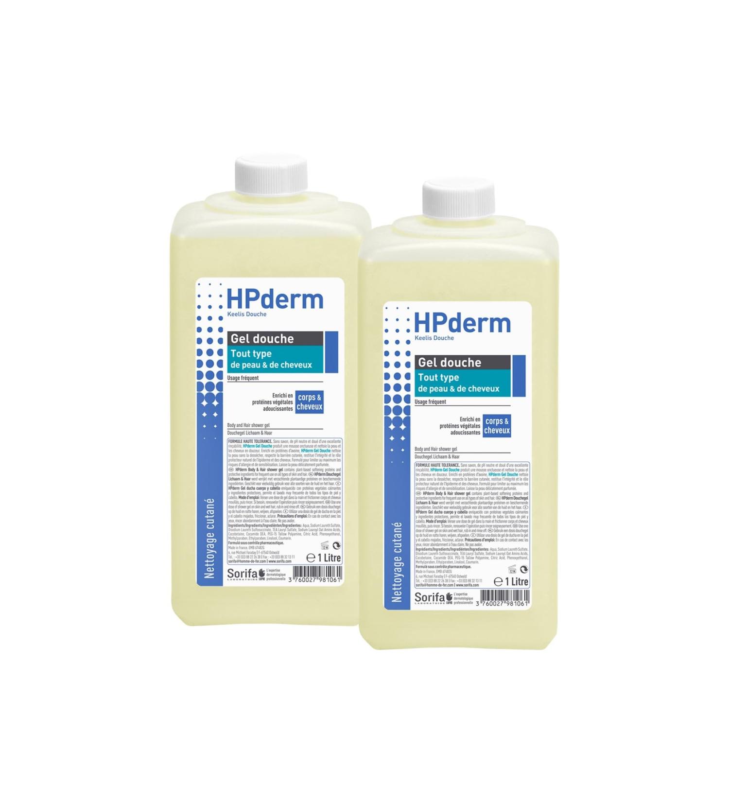  SORIFA Pack of 2 - HPderm Shower Gel - 2 in 1 body and hair - Dermo-protector - All skin and hair types - Oat protein - Frequent use - pH neutral soap-free - 1L bottle - Buy Online on GoSupps.com