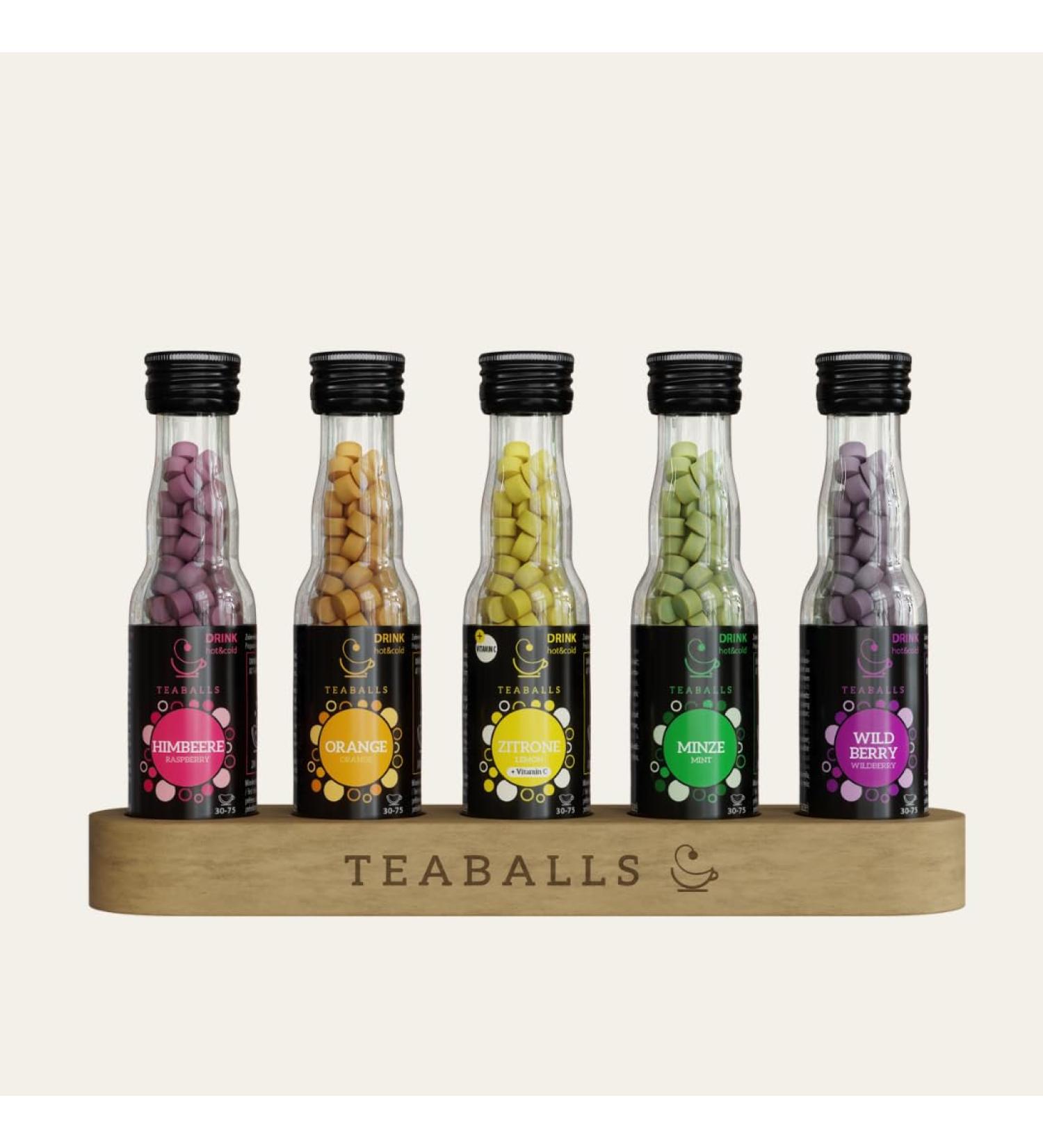 Teaballs tea set rainbow with raspberry orange wild berry lemon mint + free wooden display instant results 150-375 cups of hot fruit tea or cold iced tea without sugar instant powder rainbow 150-375 cups
