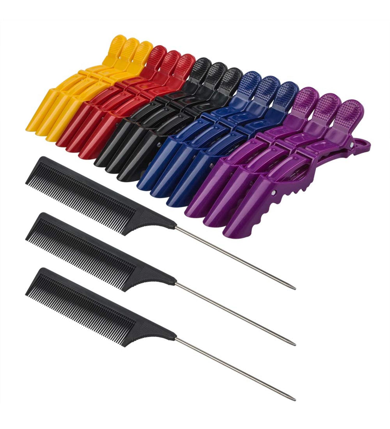 15 Pack Plastic Alligator Hair Clips with Wide Teeth + 3 Black Tail Combs - Salon Styling Tools - Buy Online on GoSupps.com