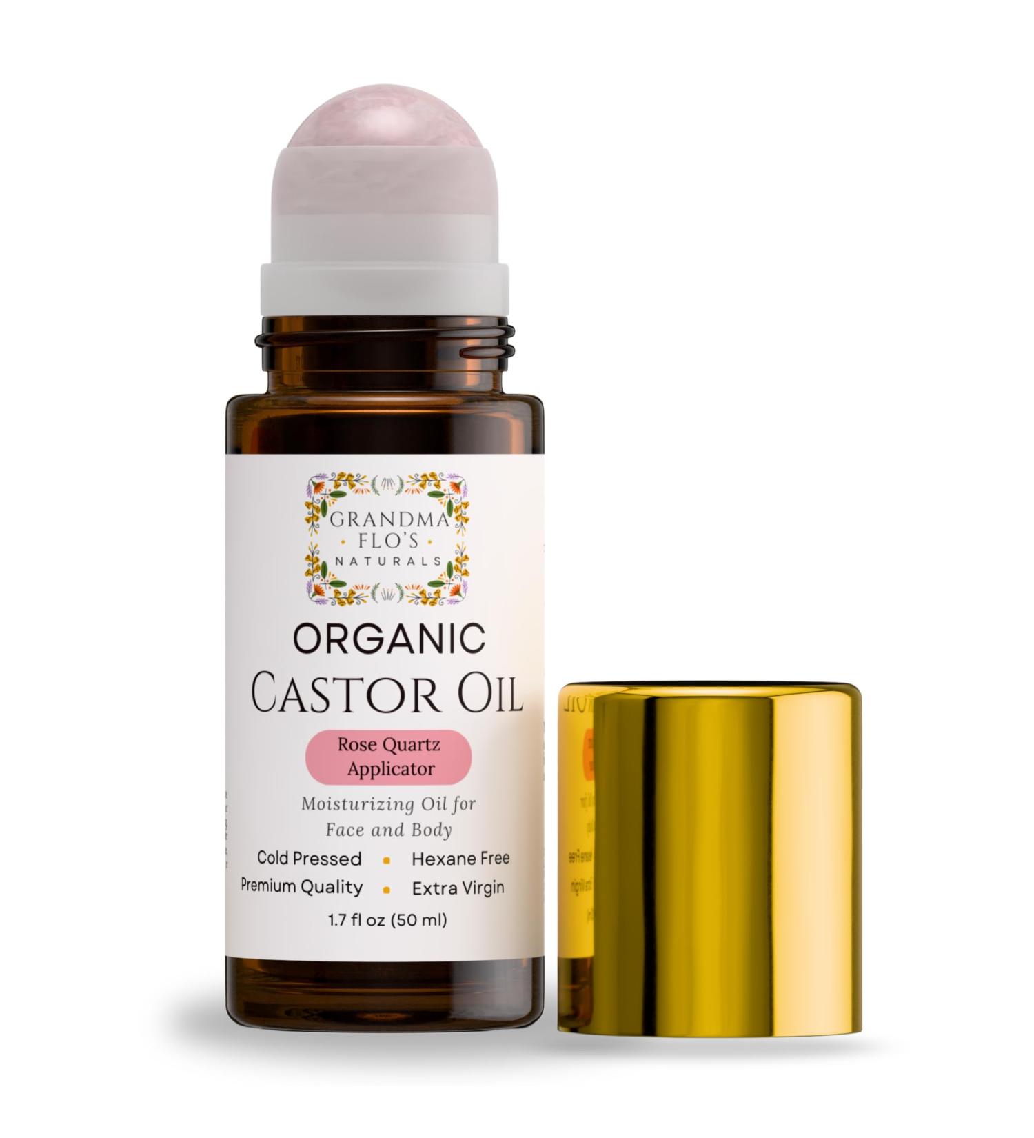 Grandma Flo's Naturals Organic Castor Oil with Rose Quartz Roll On For Face and Body - Glass Bottle Cold Pressed Hexane Free Unrefined - Stimulate Hair Growth Moisturize Skin (50ml) - Buy Online on GoSupps.com