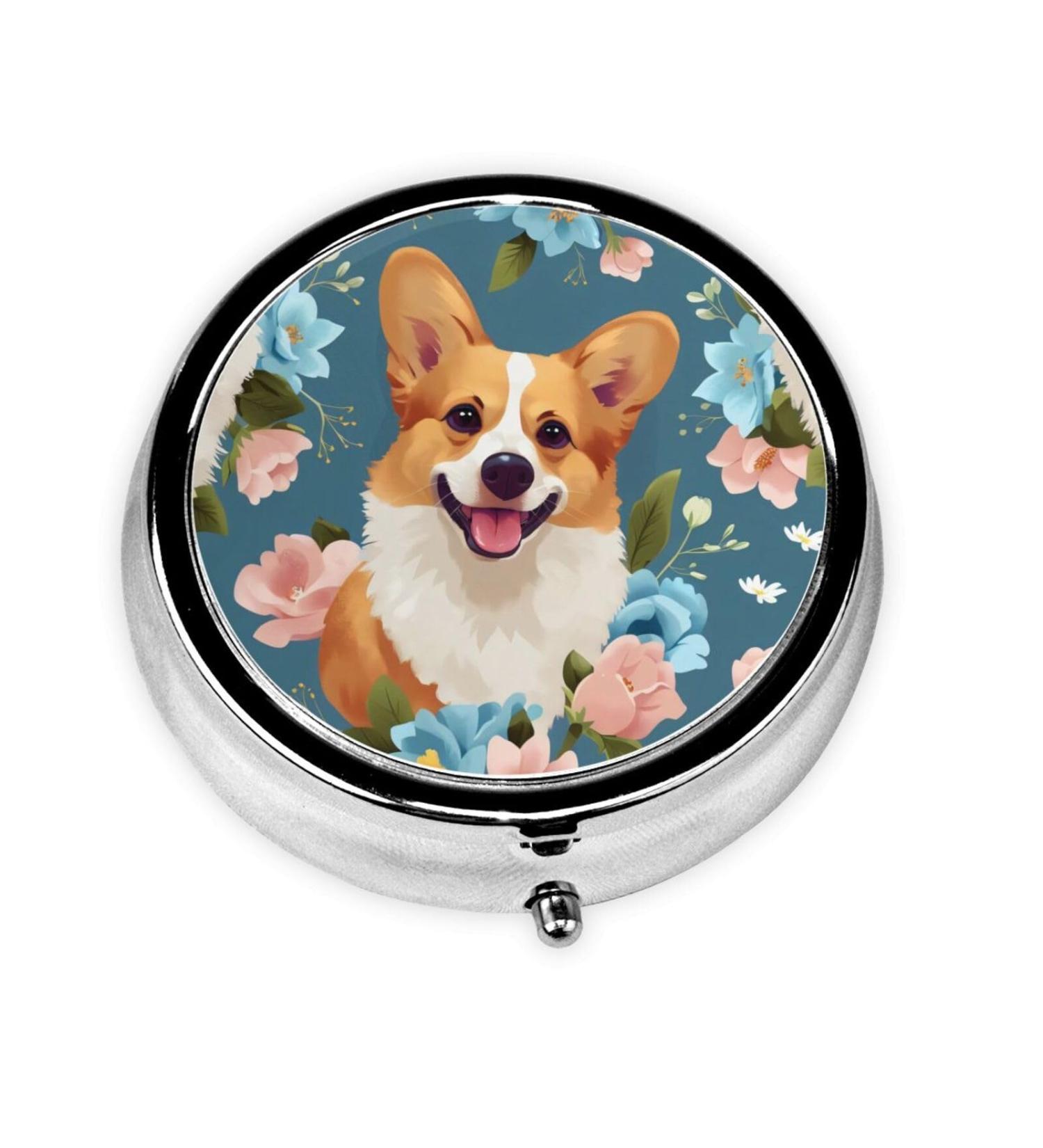 Cute Corgi with Flowers Portable Pill Box | Round Mini 3-Compartment Case for Travel | Ideal for Small Pills - Buy Online on GoSupps.com
