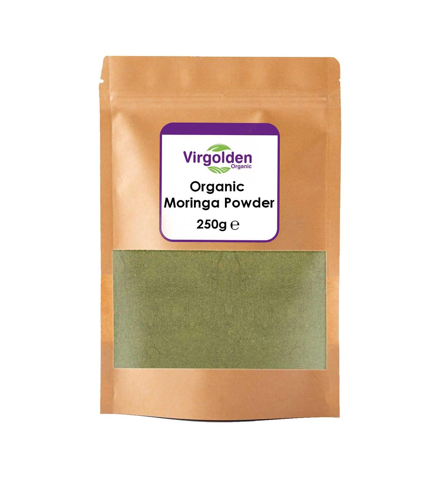 Organic Moringa Powder 250g by Virgolden Organic - Moringa Tea Smoothies Drinks Moringa Leaf Powder Certified Organic - Buy Online on GoSupps.com