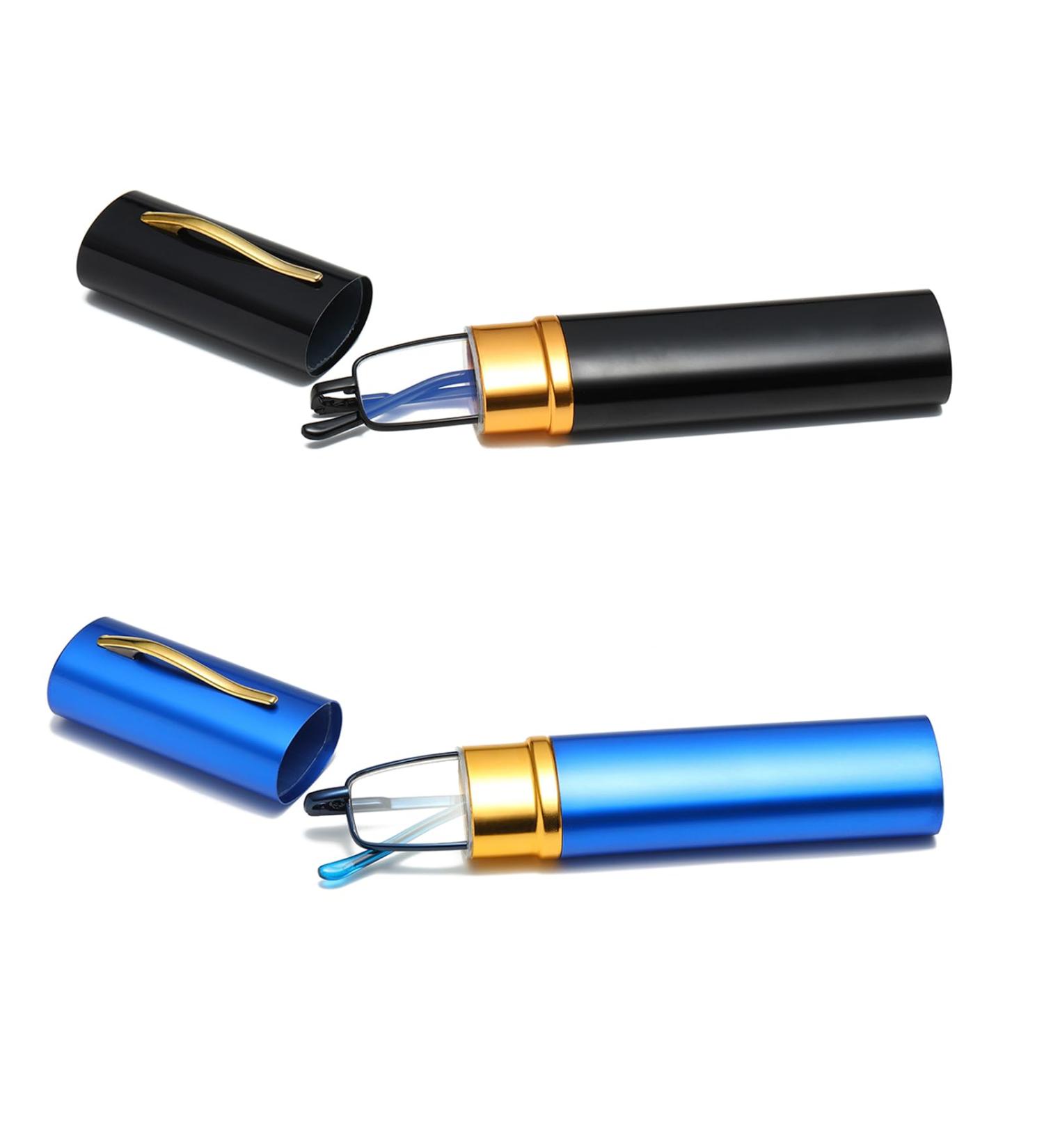 Hubeye 2 Pairs Slim Pen Reading Glasses - Portable Eyeglasses for Men & Women - Spring Hinged Clip Case - Black/Blue +2.0 Diopters - Buy Online on GoSupps.com