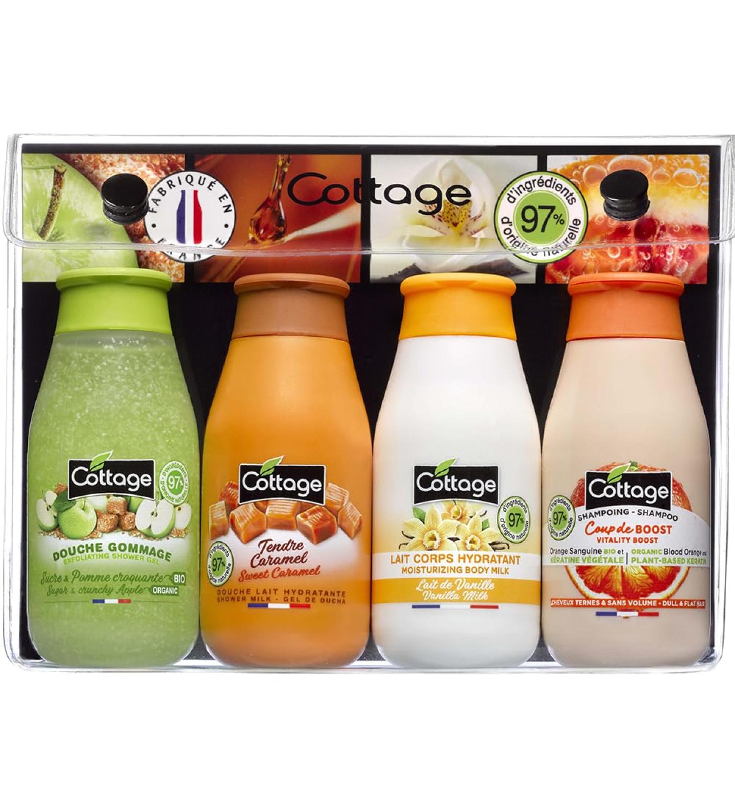 Cottage Travel Kit Shower Gel Scrub + Shower Gel Milk + Moisturizing Body Lotion + Gentle Shampoo 97% Natural Ingredients - Buy Online on GoSupps.com