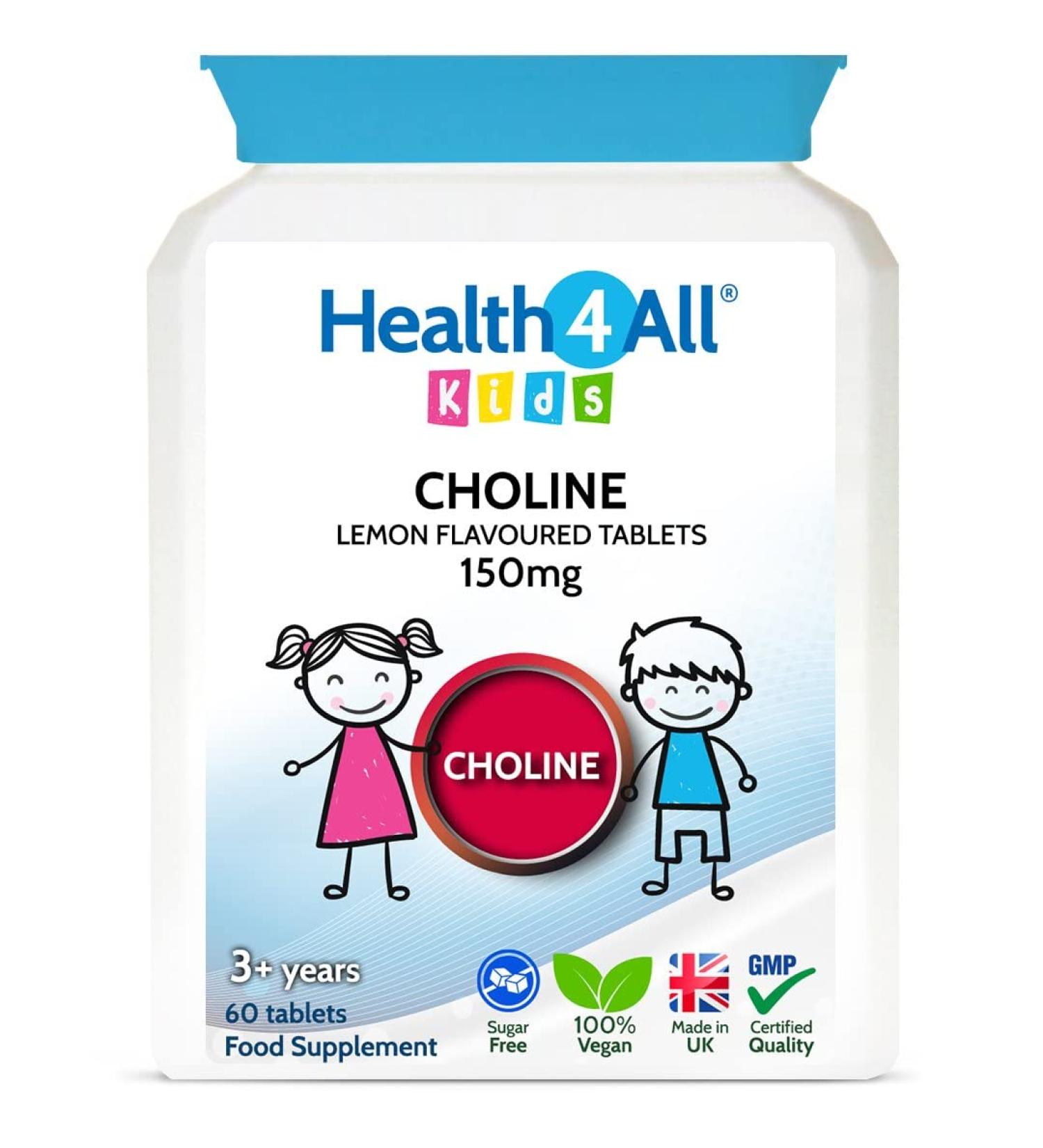 Health4All Kids Choline 150mg Chewable 60 Tablets - Vegan Children's Memory and Learning Support Supplement - Buy Online on GoSupps.com