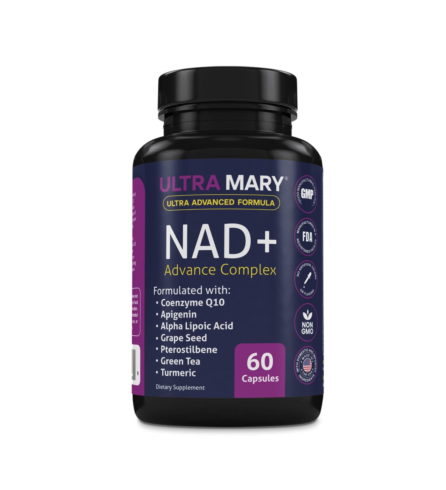 Ultra Mary NAD+ Resveratrol Supplement Longevity Formula with Nicotinamide Adenine Dinucleotide with CoQ10 Apigenin & Turmeric Anti-Ageing Formula for Men & Women 60 Capsules - Buy Online on GoSupps.com