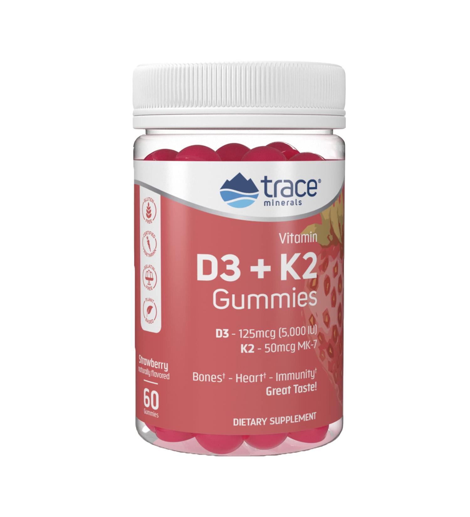 Trace Minerals Vitamin D3 + K2 Gummies | 5000 IU D3 + 50 mcg K2 | Healthy Heart, Bones, Immunity | Vegan, Sugar-Free, Gluten-Free | Natural Strawberry Flavor - Buy Online on GoSupps.com