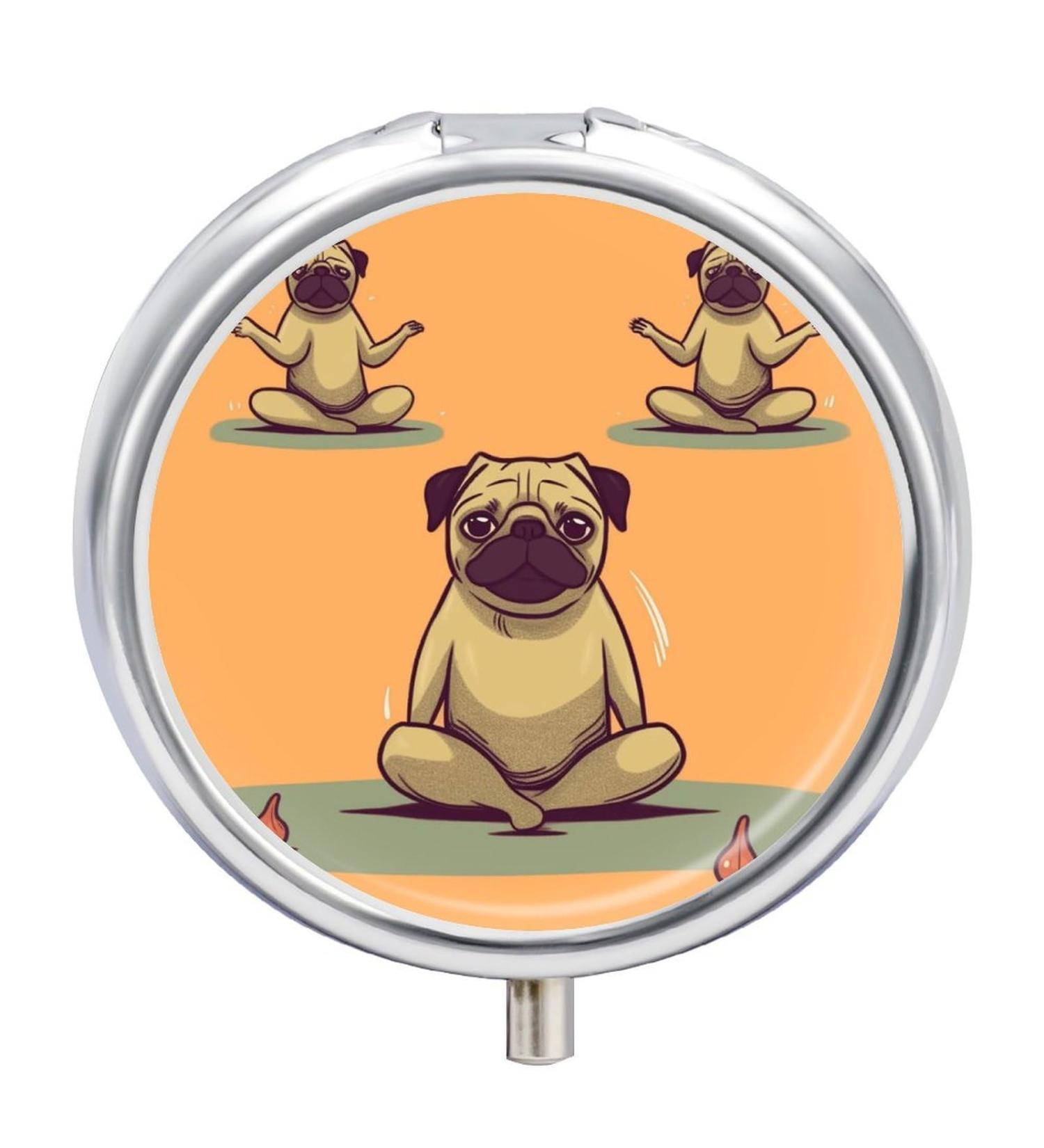 Round Pill Box - Yoga Pug Print 3 Compartment Portable Decorative Pill Organizer - Buy Online on GoSupps.com