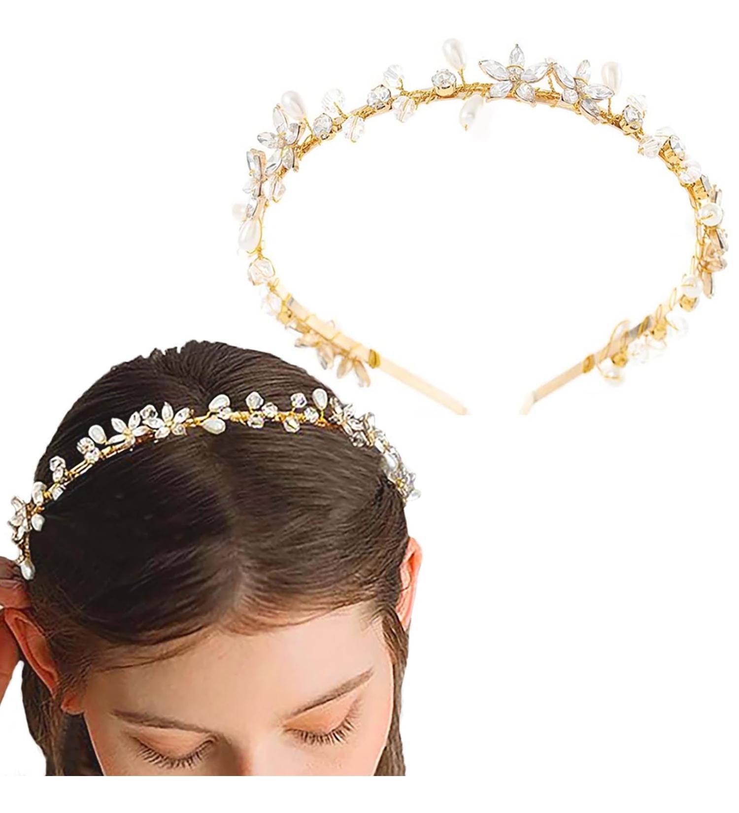 Flayem Wedding Rhinestone Headband Pearls Flower Headband Crystal Leaf Hairband Bridal Wedding Party Headpiece for Women and Girls(Gold)