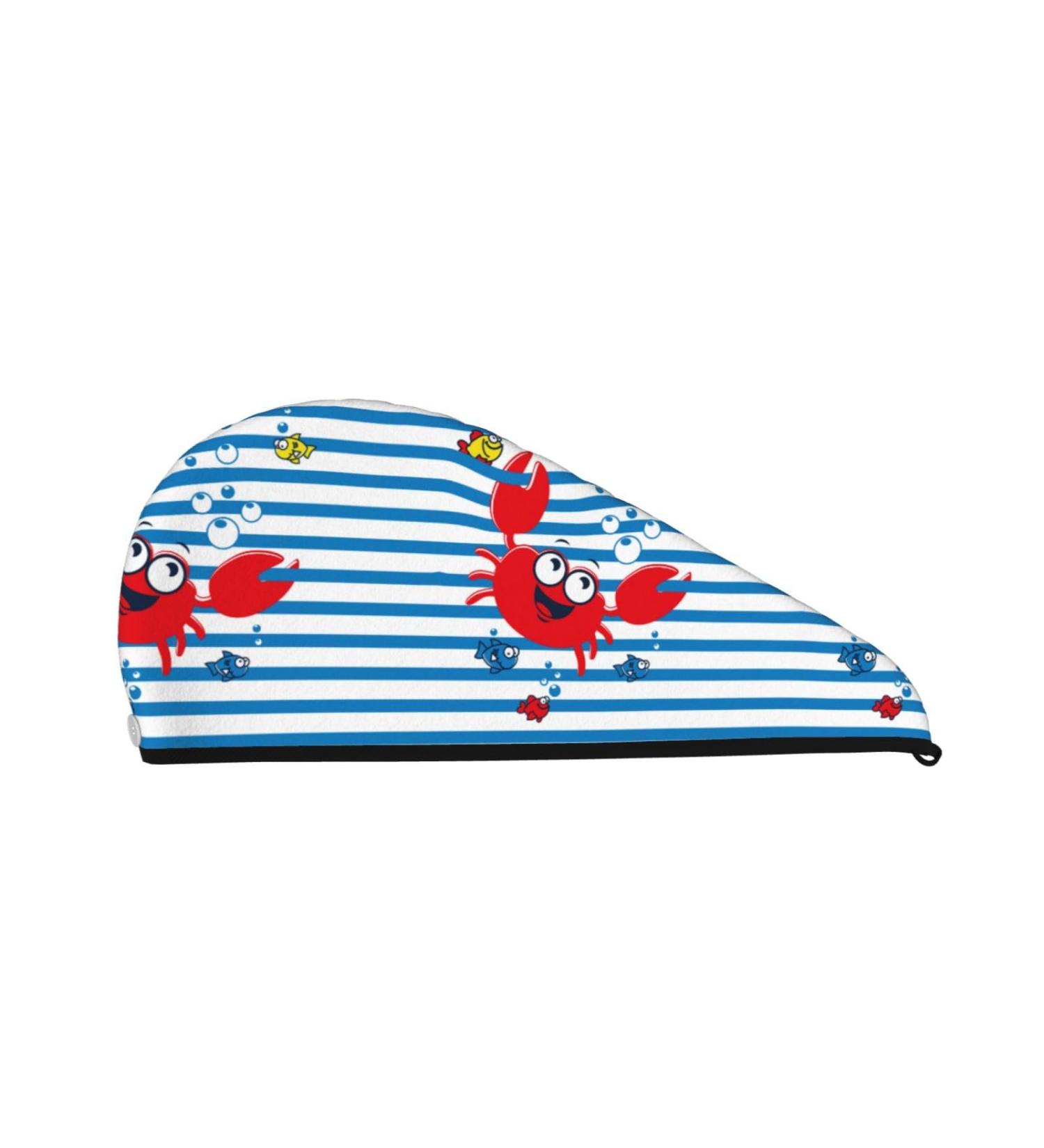 Hair Towel Wrap - Quick Drying Towel Turban with Button | Funny Crab Design on Blue Stripe - Buy Online on GoSupps.com