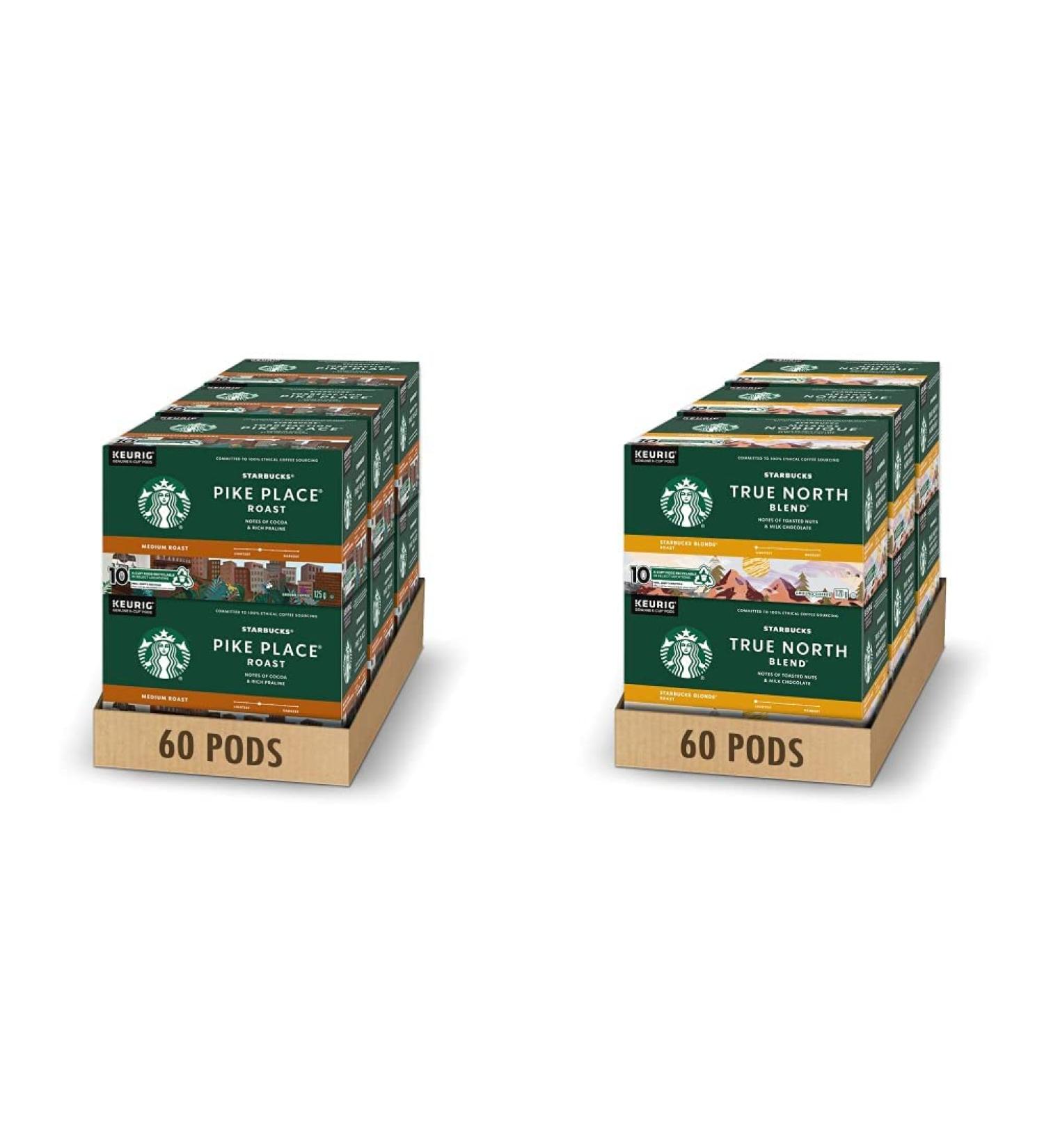 Starbucks Pike Place Medium Roast Coffee Single Serve Keurig K-cup Pods 6 Boxes 60 Capsules & True North Blonde Light Roast Coffee Single Serve Keurig K-cup Pods 6 Boxes 60 Capsules - Buy Online on GoSupps.com