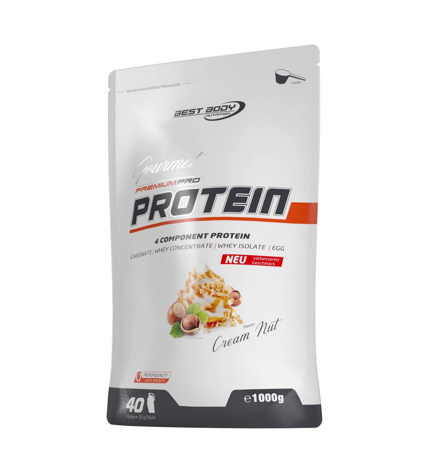 Buy Best Body Nutrition Gourmet Premium Pro Protein Shake - Cream Nut Flavor 1kg | 4-Component Blend: Casein Whey Concentrate Isolate & Egg Protein - International Shipping Available - Buy Online on GoSupps.com