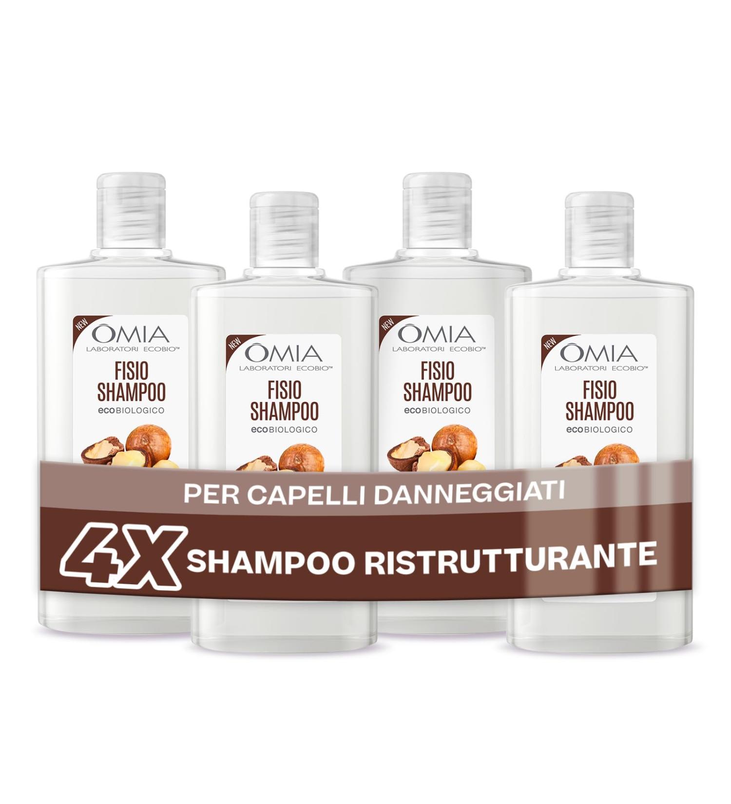 Omia Laboratori Ecobio Omia Fisio Eco Bio Shampoo with Macadamia Oil for Damaged Hair Repairing and Restructuring Shampoo for Frequent Washing Silicone and SLES Free 4 x 200ml Bottles