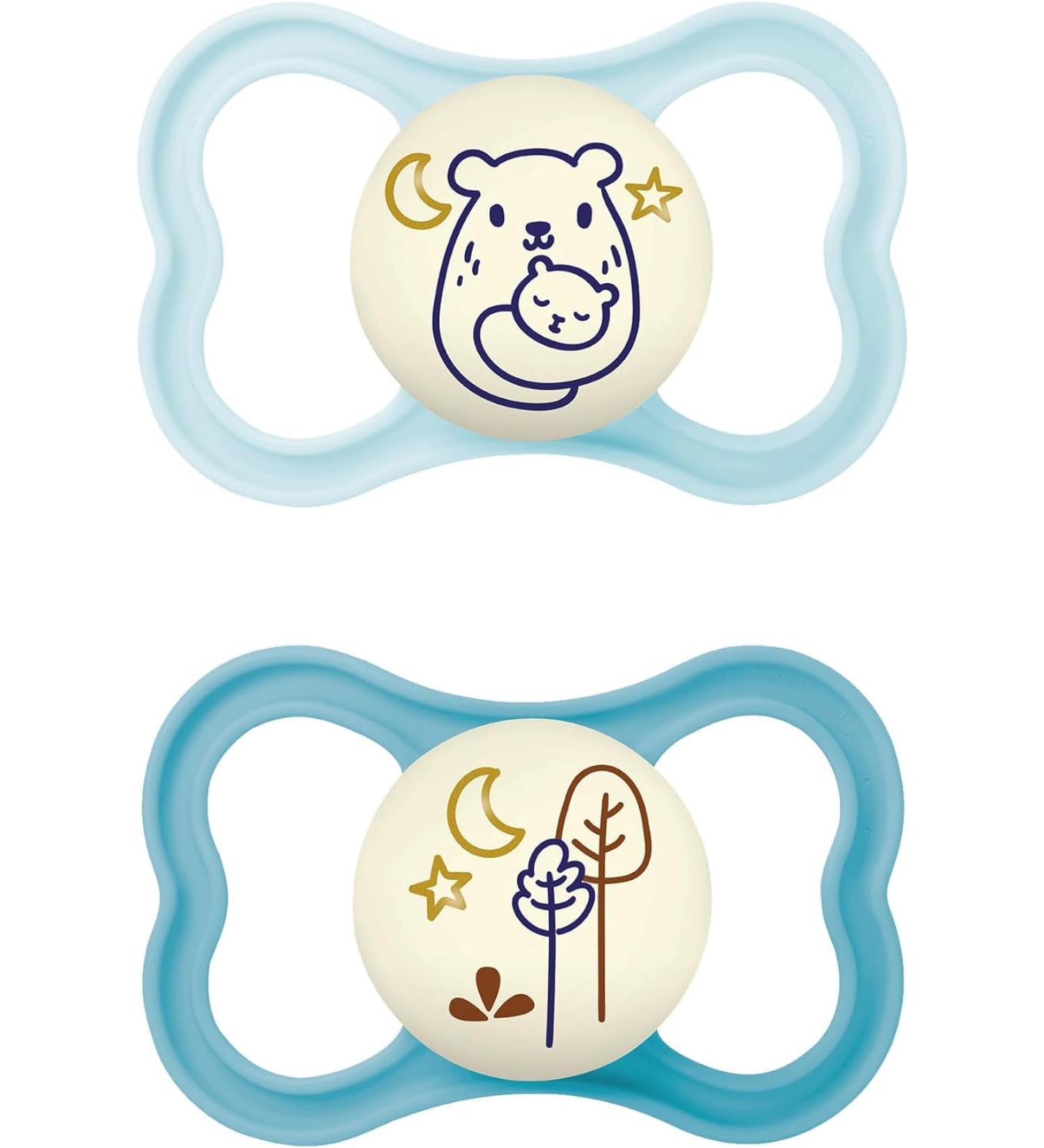 MAM Air Night Soothers 16+ Months (Pack of 2) Glow in the Dark Baby Soothers with Self Sterilising Travel Case Newborn Essentials Blue (Designs May Vary) Blue Night 1 12+ M Soother - Buy Online on GoSupps.com