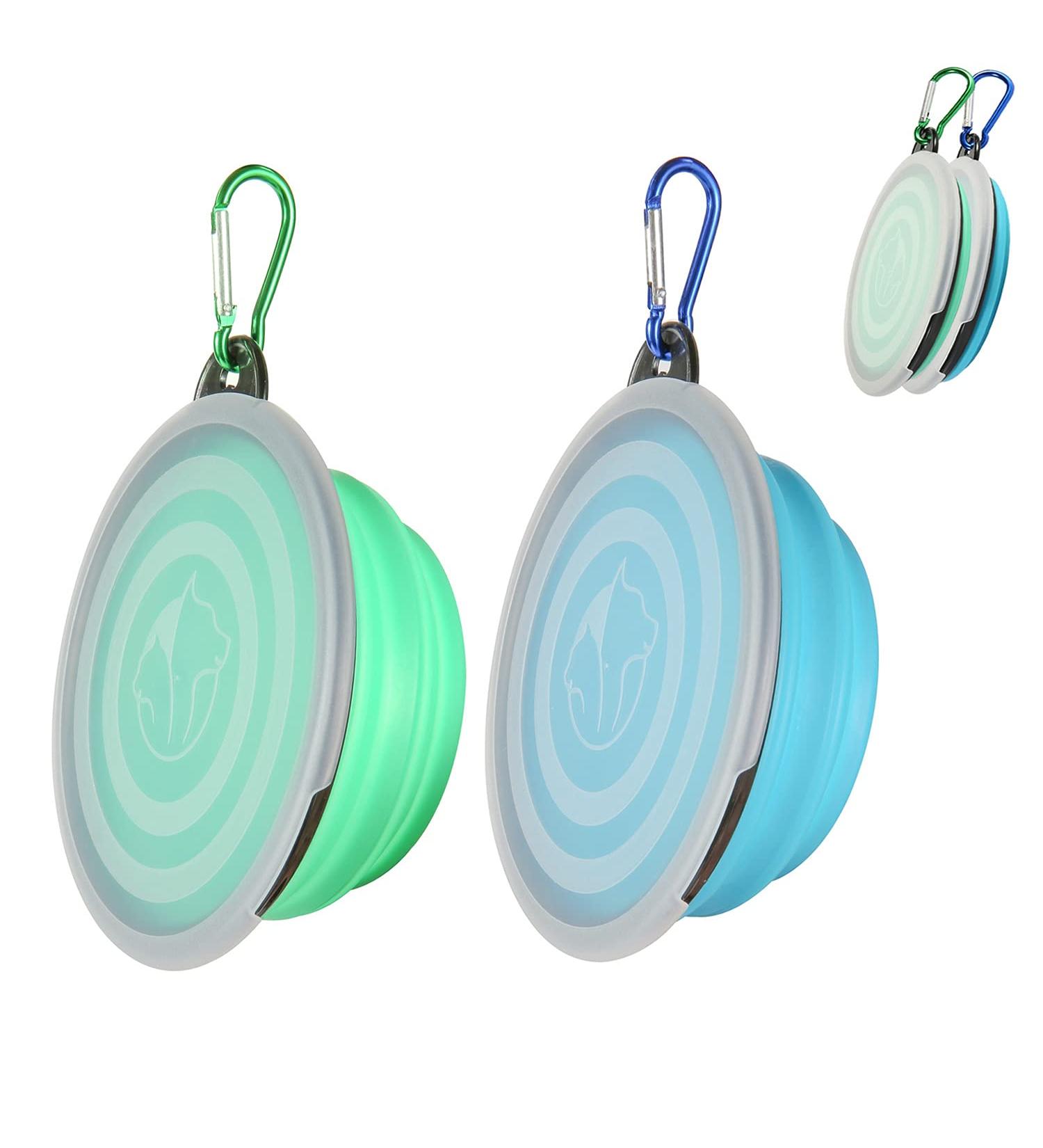 SLSON Dog Bowls 2 Pack with Cover Lids | Portable Pet Travel Bowls for Dogs and Cats | Collapsible & Foldable | Small Size, Light Blue/Green - Buy Online on GoSupps.com