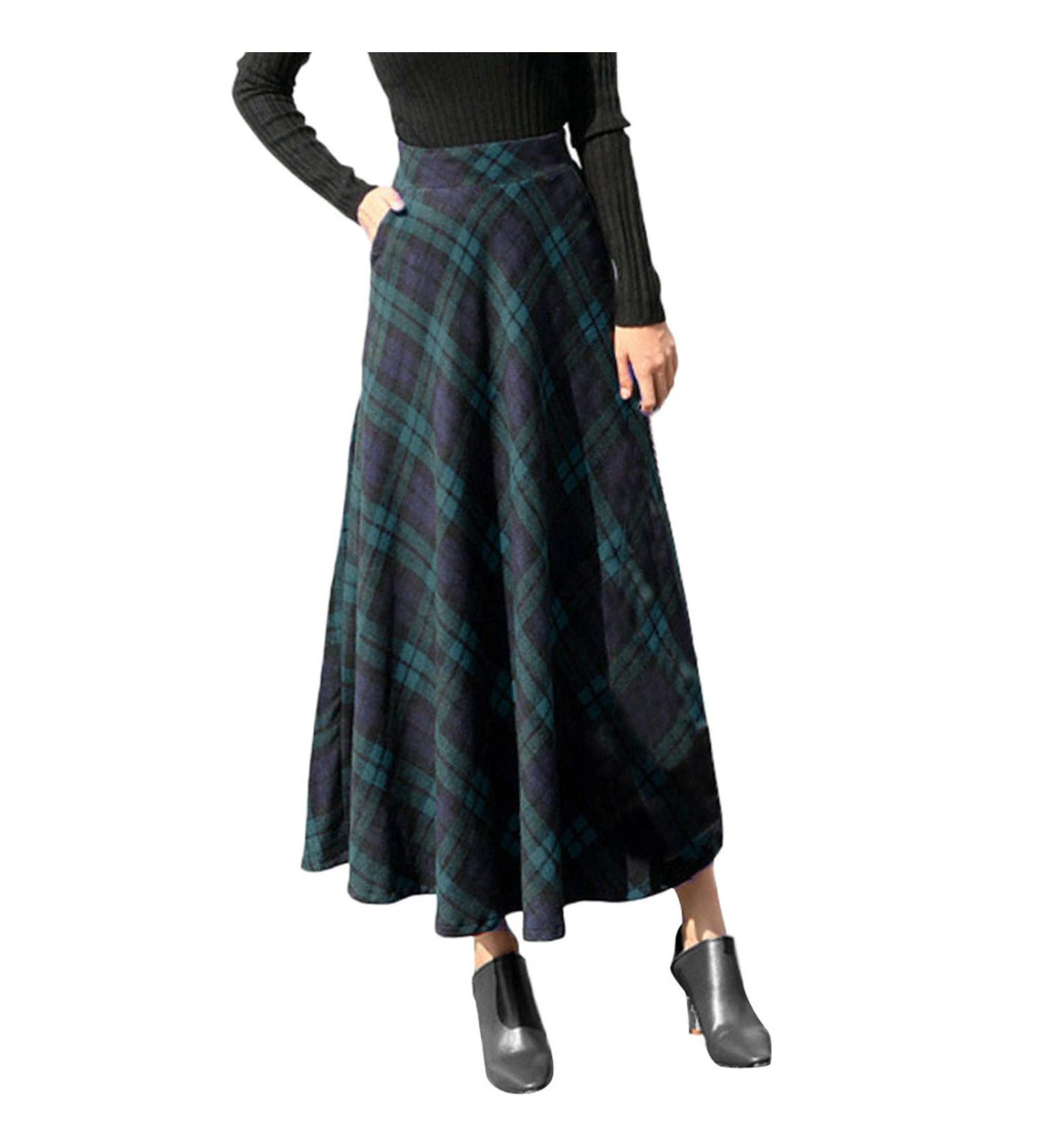 Sanahy Women's High Waist Wool Midi Skirt with Pockets - A-line Plaid Winter Maxi Skirt in S Blue - Buy Online on GoSupps.com