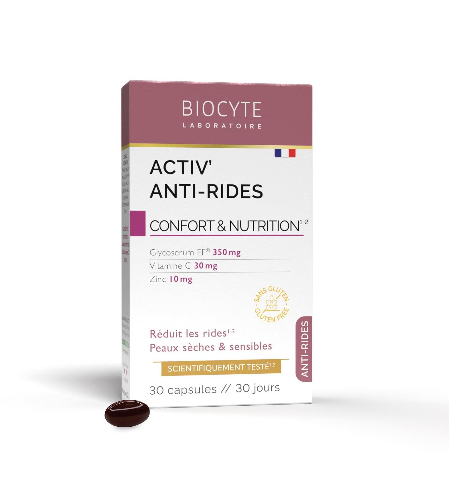 BIOCYTE Activ Anti-Rides Compl ment Alimentaire - R duit les Rides Nourrit la Peau Peau plus Jeune - Efficacit Prouv e - Vitamine C Zinc Glycos rym EF - 30 capsules - Programme de 30 jours 30 unit (Lot de 1) - Buy Online on GoSupps.com