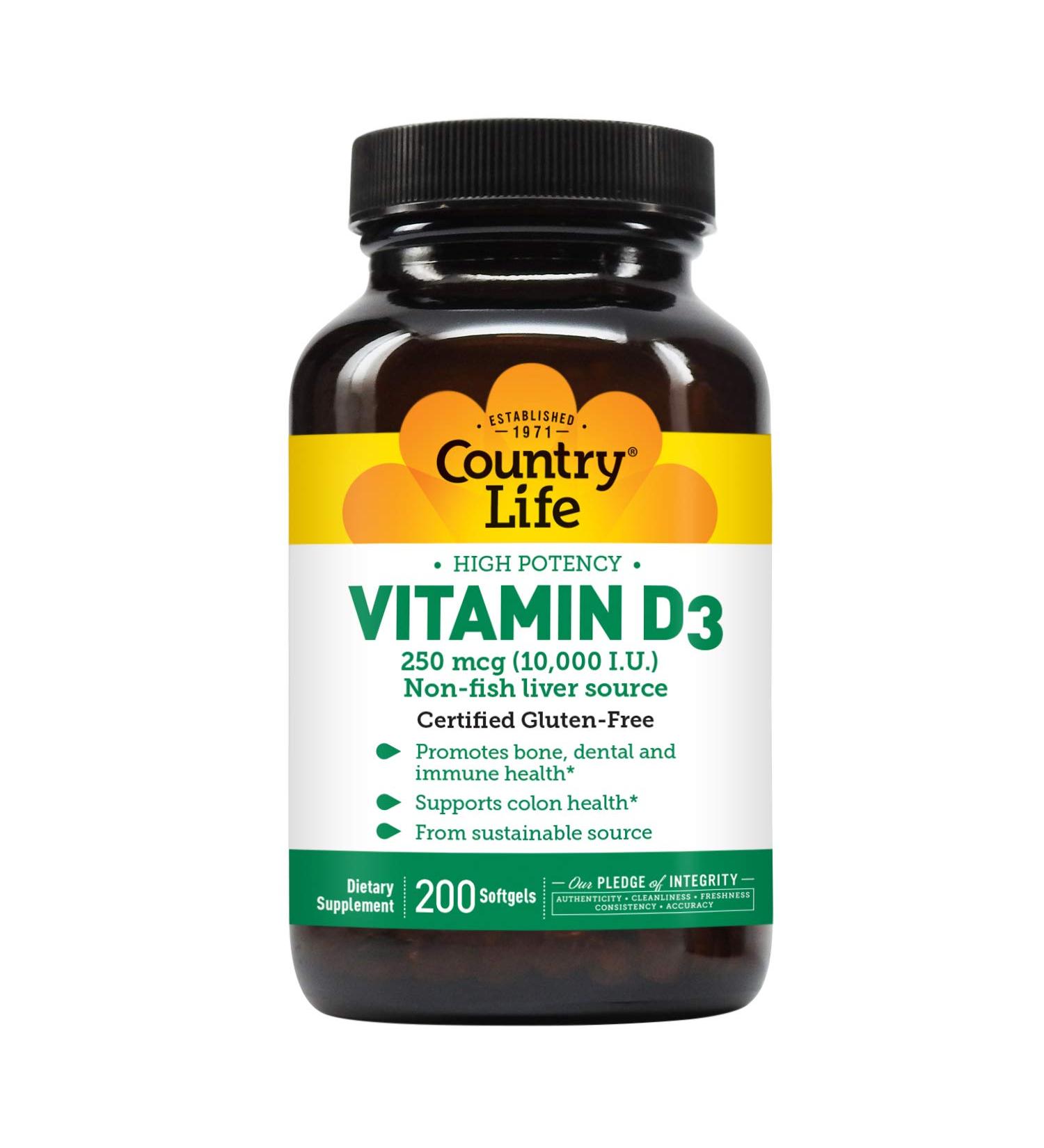 Country Life High Potency Vitamin D3 250 mcg (10,000 IU) - 200 Softgels for Optimal Health - Buy Online on GoSupps.com