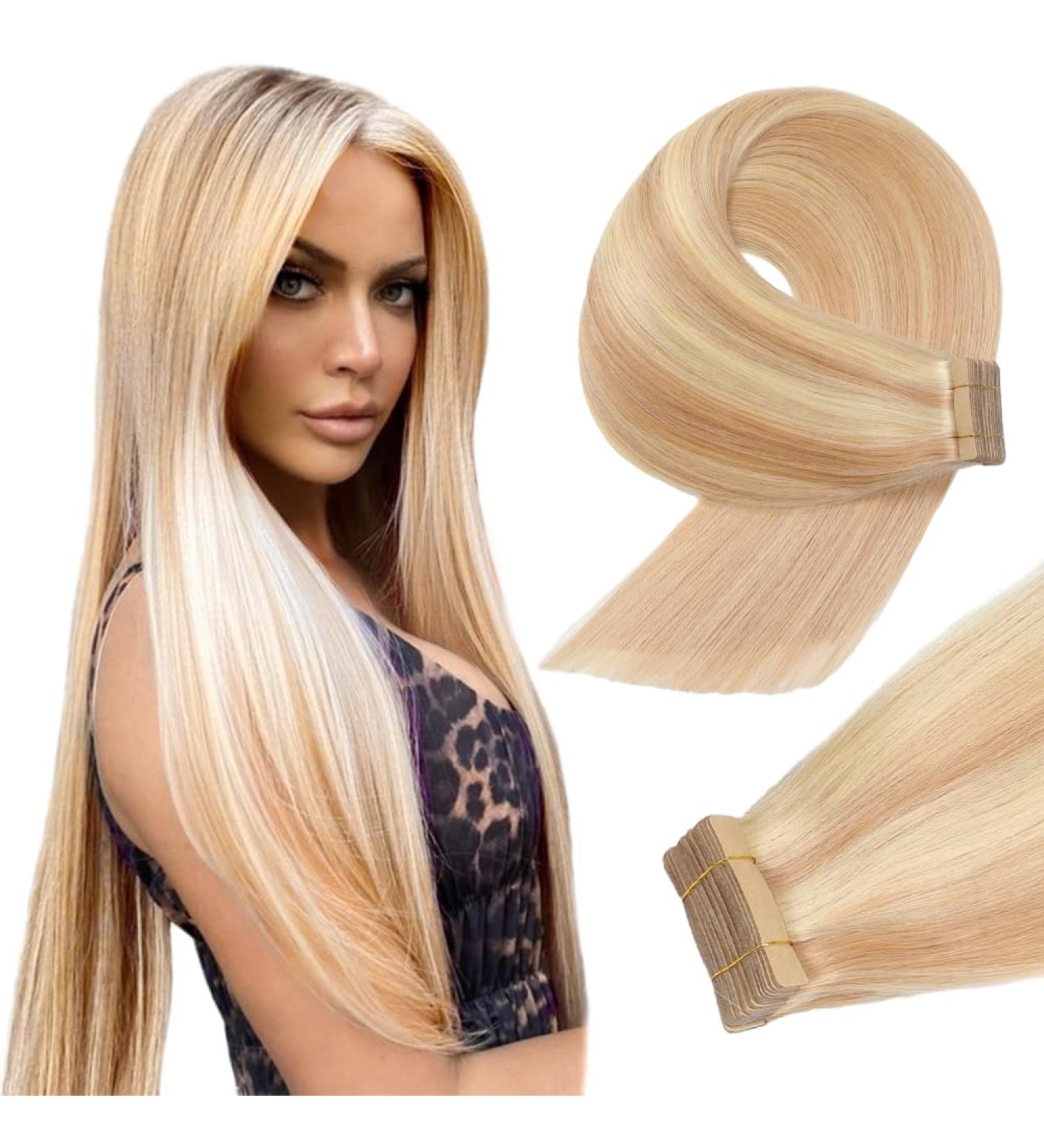YDDM Tape in Extensions - 20Pcs 50cm Ash Blond & Bleach Blond Real Hair | Invisible Tape Hair Extensions (20 Inch 18/613#) - Buy Online on GoSupps.com