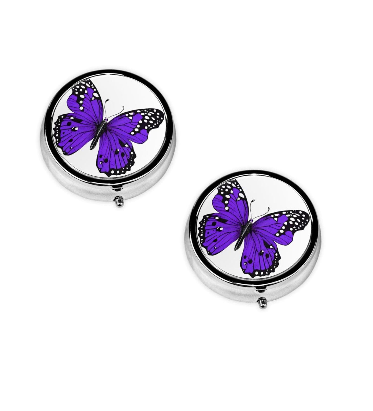 Cute Purple Butterfly Round Pill Box | 3 Compartment Portable Travel Medicine Organizer - Mini Decorative Pill Case for Vitamins & Tablets - Buy Online on GoSupps.com